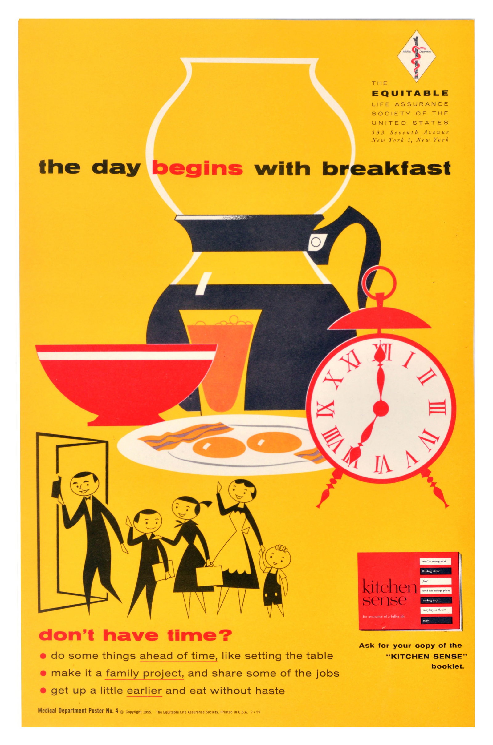 Propaganda Poster Breakfast Public Health Equitable Life Assurance: Original vintage public health poster issued by the Medical Department of The Equitable Life Assurance Society of the United States in New York. Identified as Medical Department Poster No. 4, it is pa