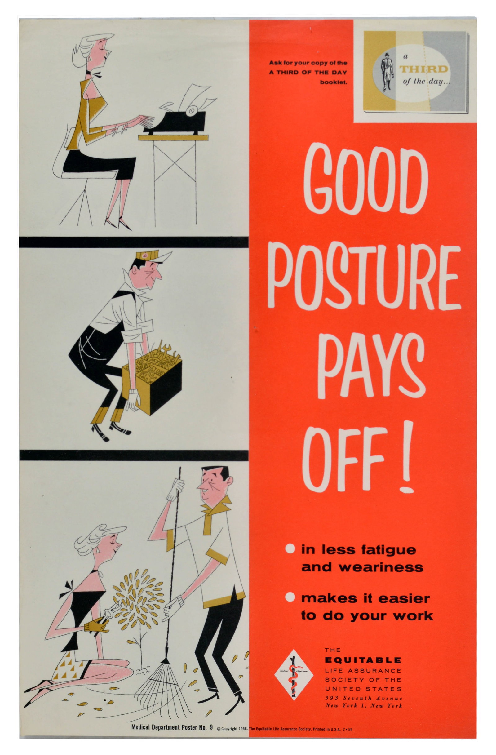 Propaganda Poster Good Posture Public Health Equitable Life Assurance: Original vintage public health poster issued as part of a public health campaign by the Medical Department of The Equitable Life Assurance Society of the United States in New York. This striking mid-c