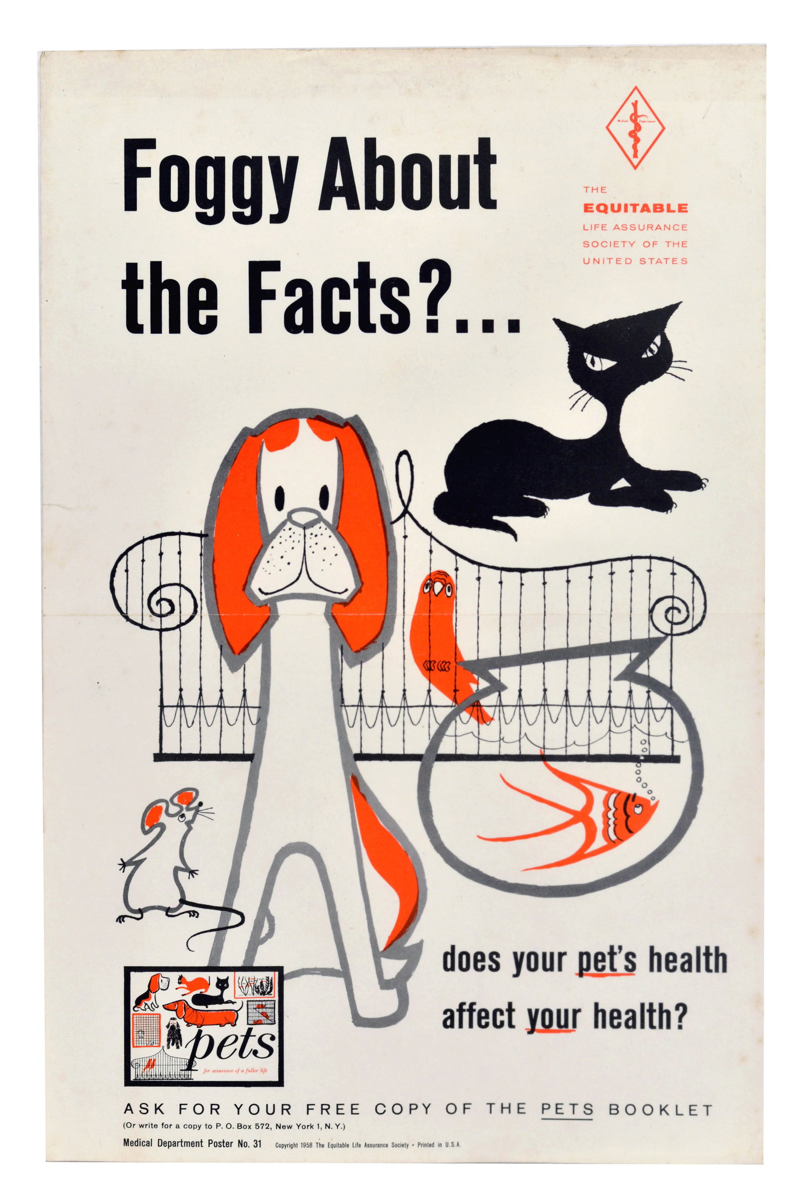 Propaganda Poster Pet Health Equitable Life Assurance Insurance: Original vintage public health poster issued by the Medical Department of The Equitable Life Assurance Society of the United States in New York. Identified as Medical Department Poster No. 31, it is p