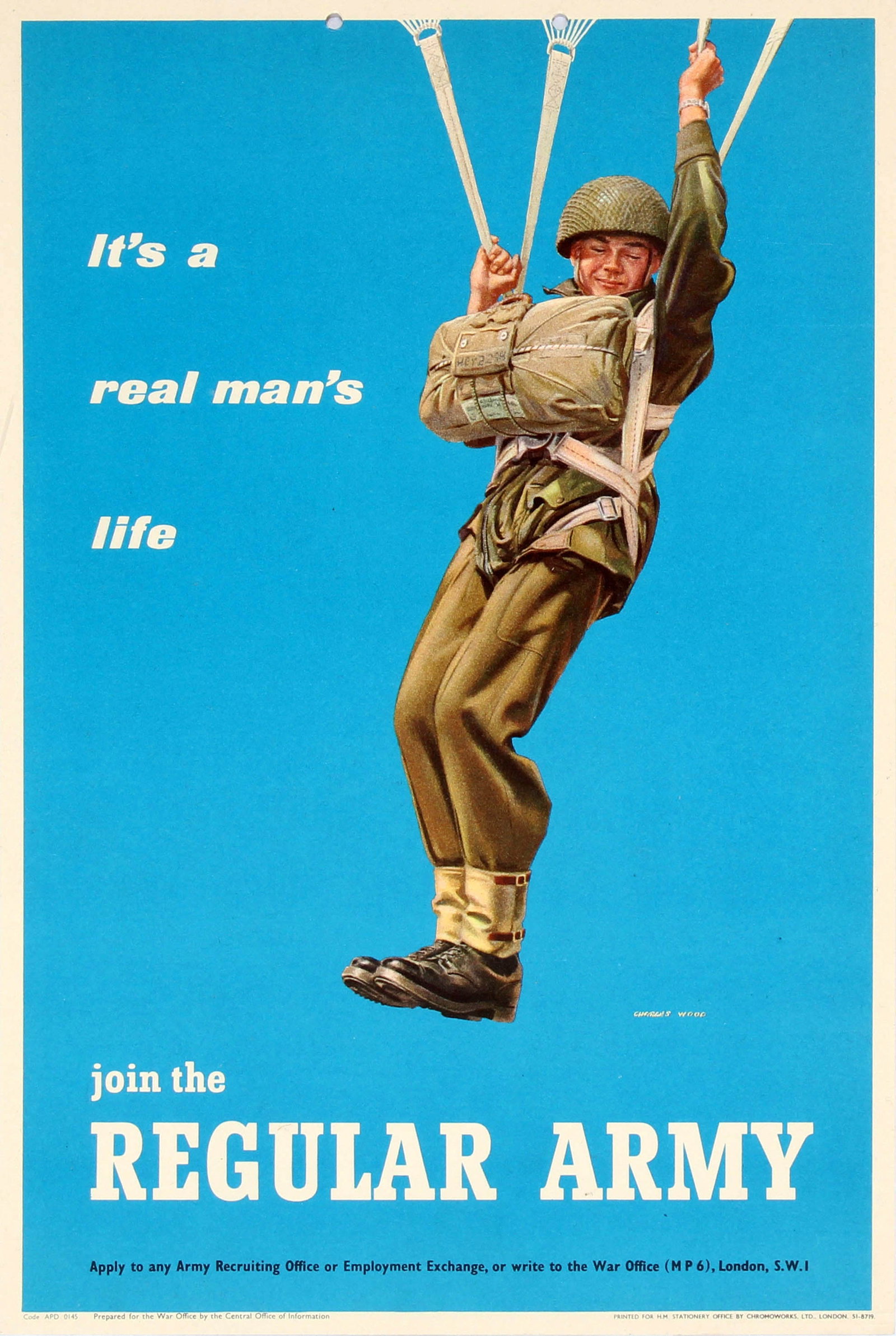 Propaganda Poster Join the Regular Army Parachute Jumper: Original vintage British Army recruitment poster - Join the Regular Army - featuring a soldier in military uniform dropping through the sky with a parachute against a blue background next to the sloga