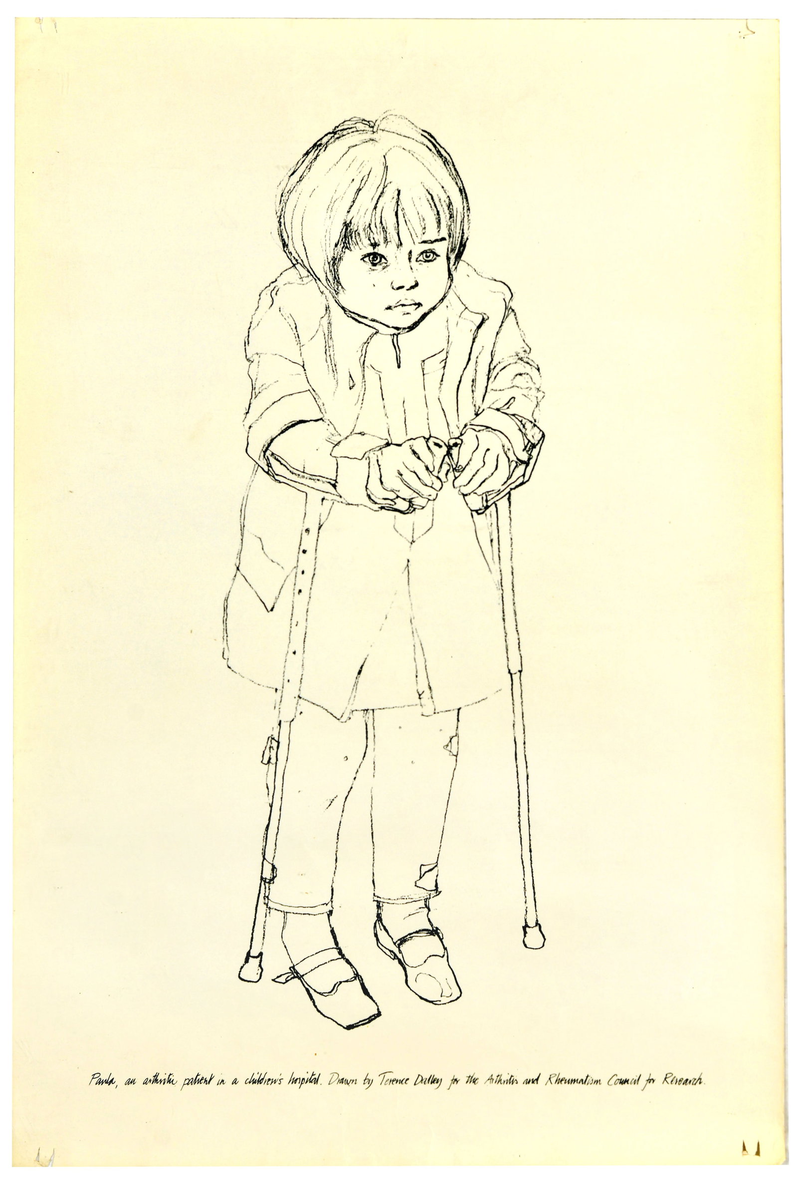 Propaganda Poster Arthritis Paula Childrens Hospital: Original vintage poster featuring an illustration of a child walking with crutches with the caption below reading - Paula, an arthritic patient in a children's hospital, drawn by Terence Dally for the