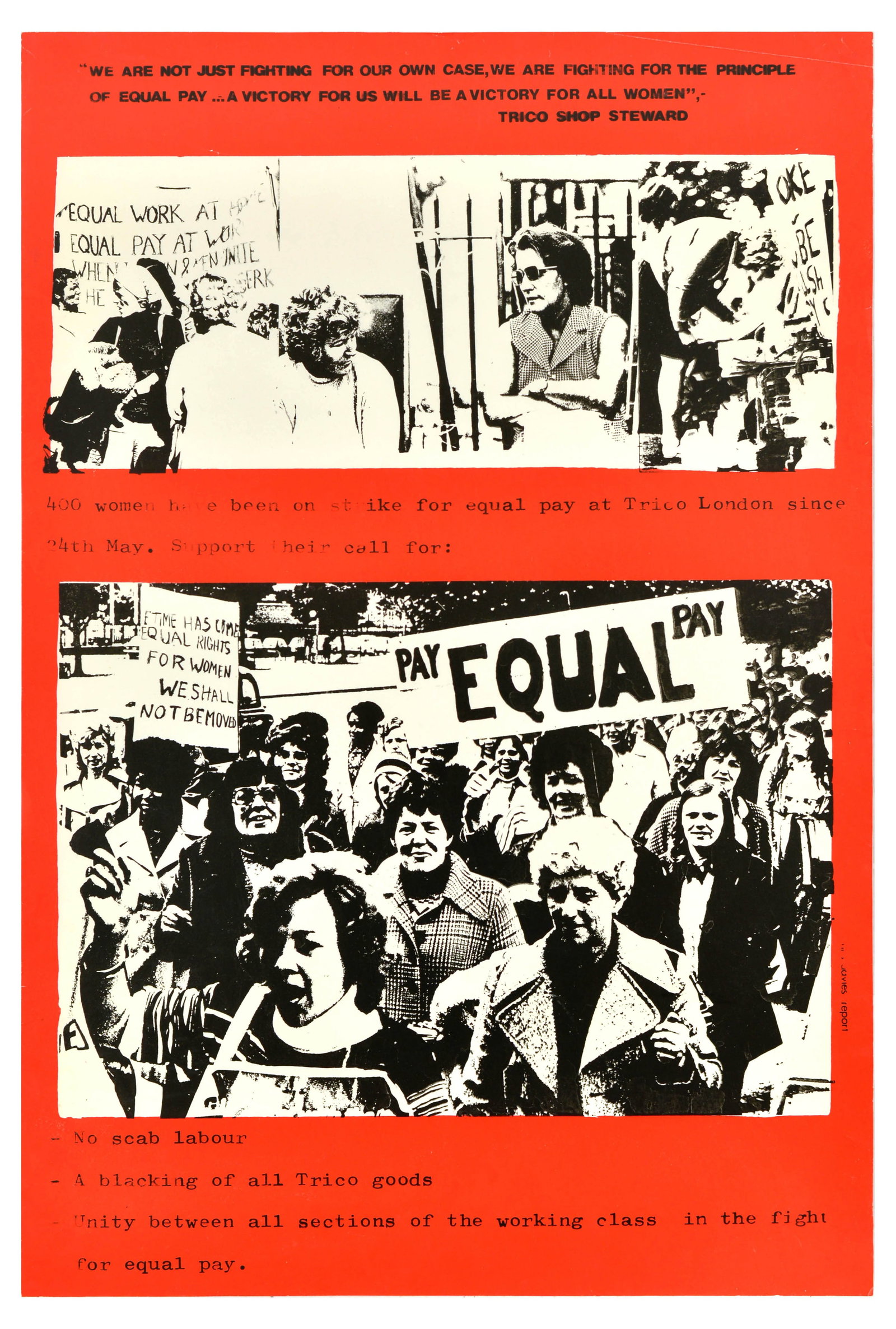 Propaganda Poster Trico Folberth Equal Pay Strike Feminism: Original vintage Trico-Folberth equal pay strike poster that took place in Brentford, West London in 1976, supporting the walkout of 400 women out of the American-owned windscreen wiper factory demand