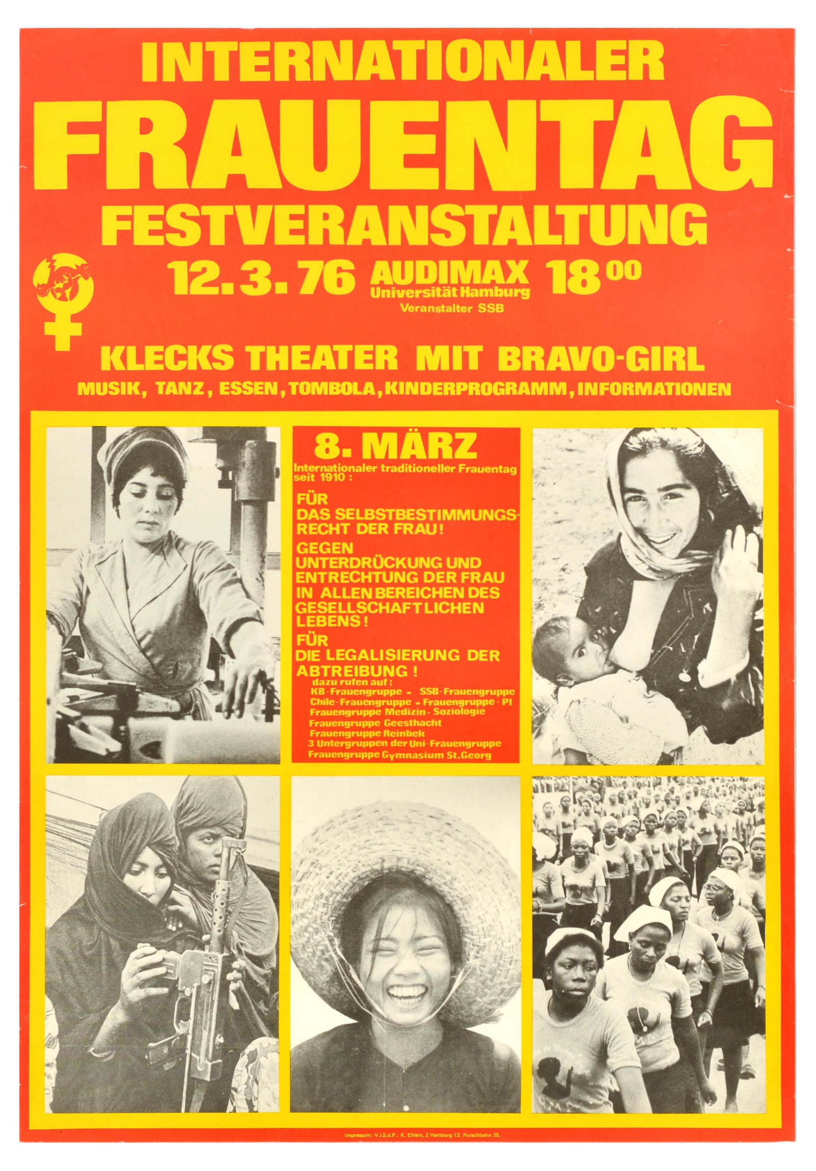 Propaganda Poster International Womens Day Germany Feminism: Original vintage poster for a festival event for the International Women's / Internationaler Frauentag, held on 12 March 1976 at the Audimax of the University of Hamburg. The celebration was organised