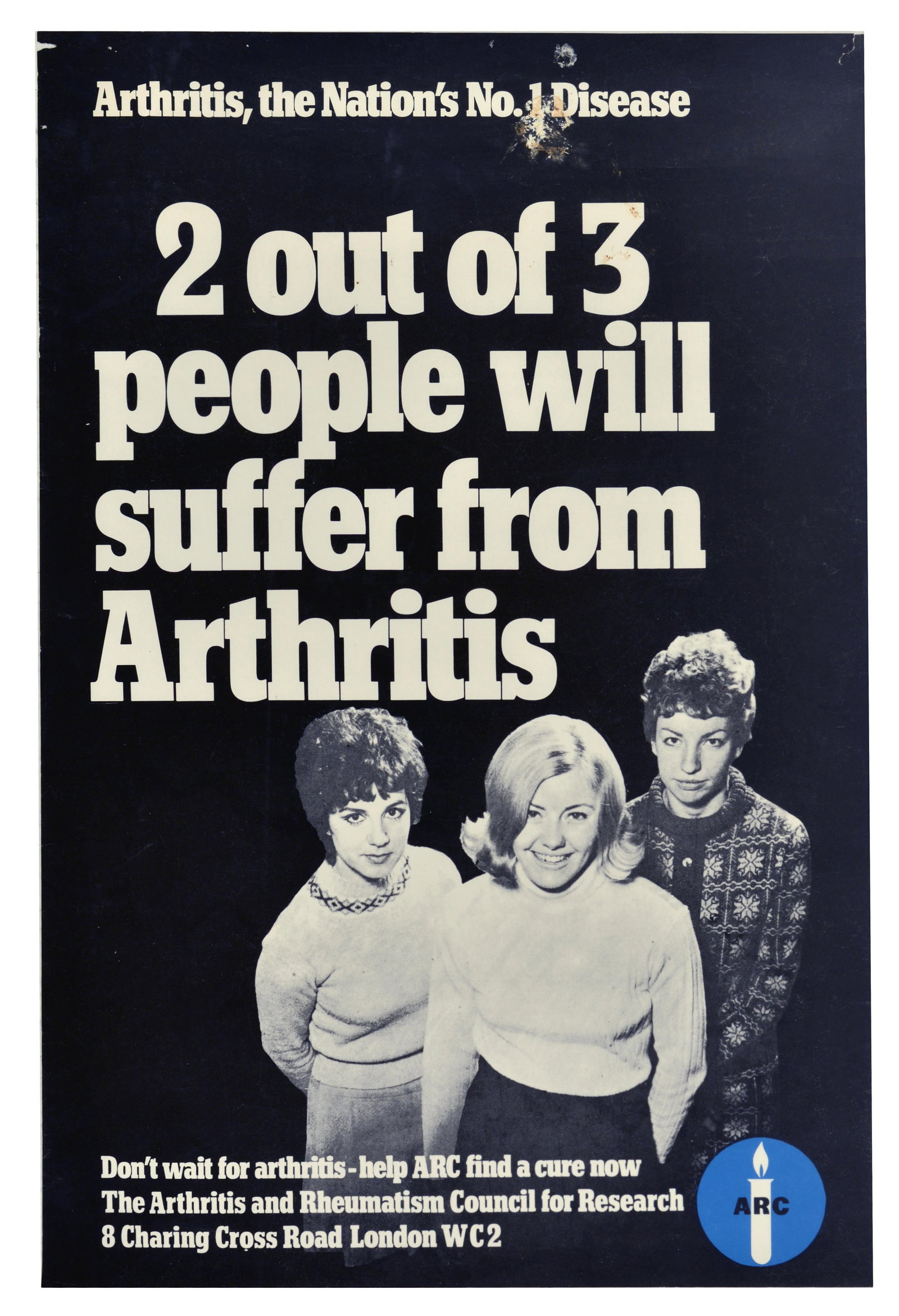 Propaganda Poster Arthritis Disease Awareness UK Health: Original vintage public information poster highlighting the impact of arthritis. The poster features an image of three ladies set over a black background, with the text - Arthritis, the Nation's No. 1
