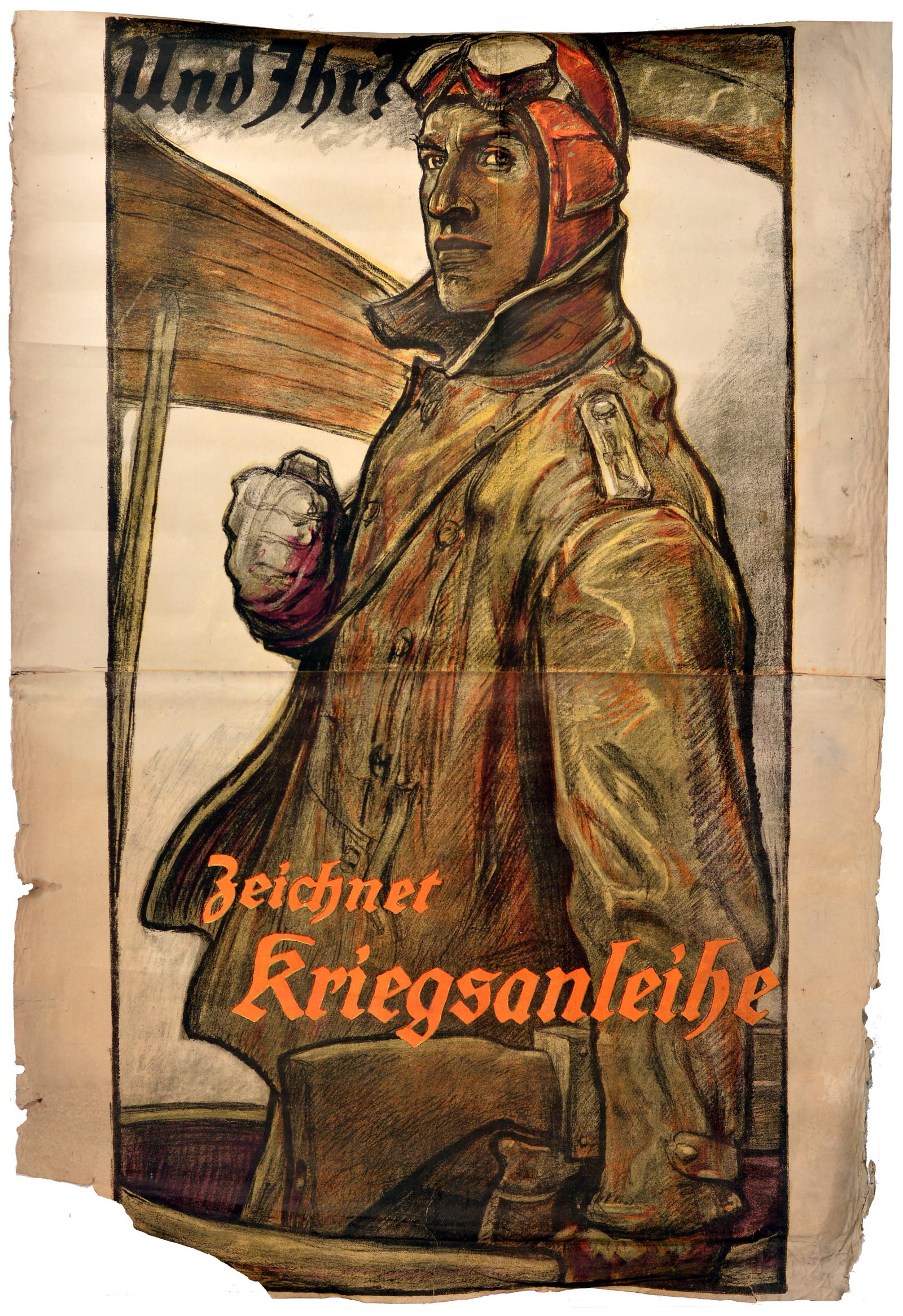 War Poster Germany Fighter Pilot Aviator War Loan WWI: Original vintage World War One poster - And You? Subscribe to the War Loan / Und ihr? Zeichnet Kriegsanleihe. Great artwork by the painter and graphic designer Fritz Erler (1868-1940) featuring a Germ