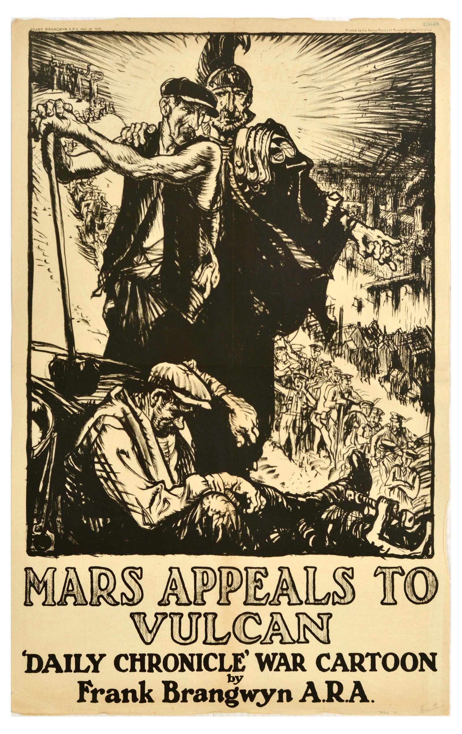 War Poster Mars Appeals to Vulcan WWI Brangwyn: Original antique World War One recruitment poster featuring the artwork by Frank Brangwyn (1867-1956) depicting the Roman god of war Mars encouraging Vulcan, the god of fire, represented by British mu