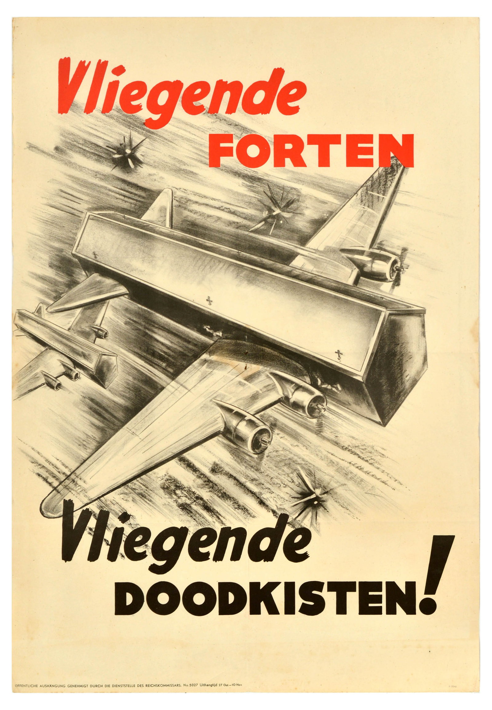 War Poster Flying Coffins WWII Anti Allied: Original vintage Dutch World War Two propaganda poster printed in Nazi occupied Holland to instil the idea that American bombers were recklessly killing civilians - Vliegende Forten Vliegende Doodskis