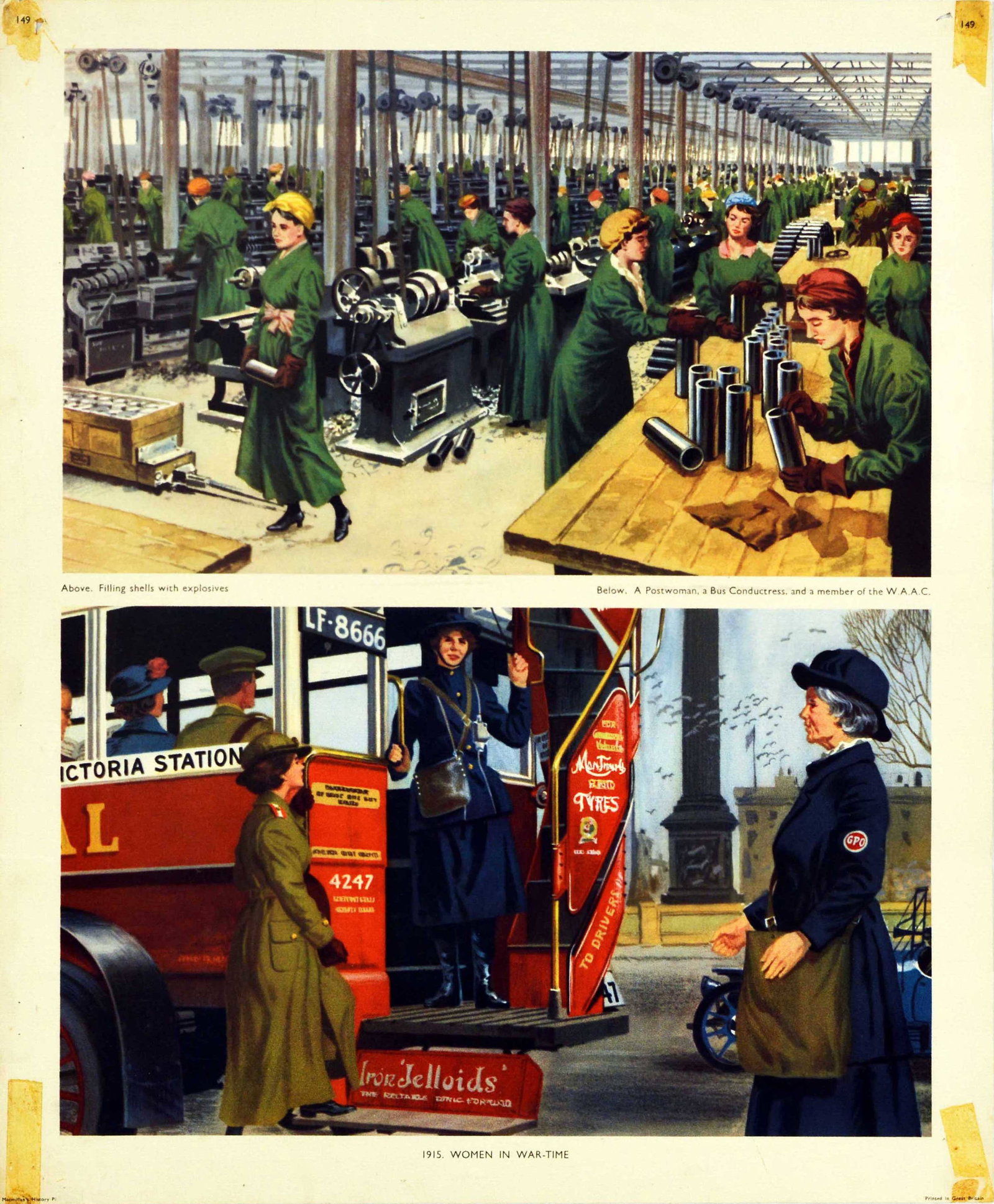 War Poster WWI Women In War Time Shells Postwoman: Original vintage World War One educational poster - 1915 Women in War-Time - featuring two illustrations with captions, the one above depicting ladies in green uniform and headscarves working at a mun