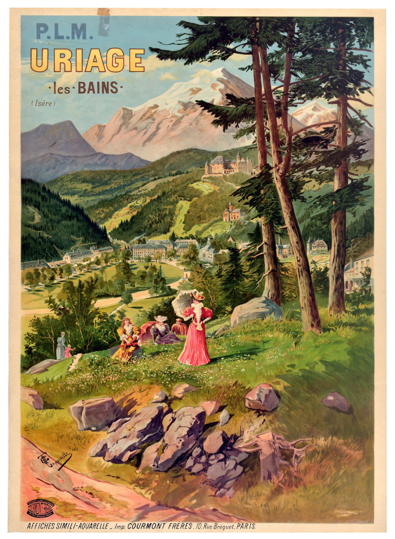 Travel Poster PLM Railway Uriage les Bains Isere Tanconville: Original antique French travel advertising poster by Paris-Lyon-Mediterranee PLM railway for Uriage-les-Bains Isere, featuring a classic Art Nouveau Belle Epoque illustration by the renowned graphic a