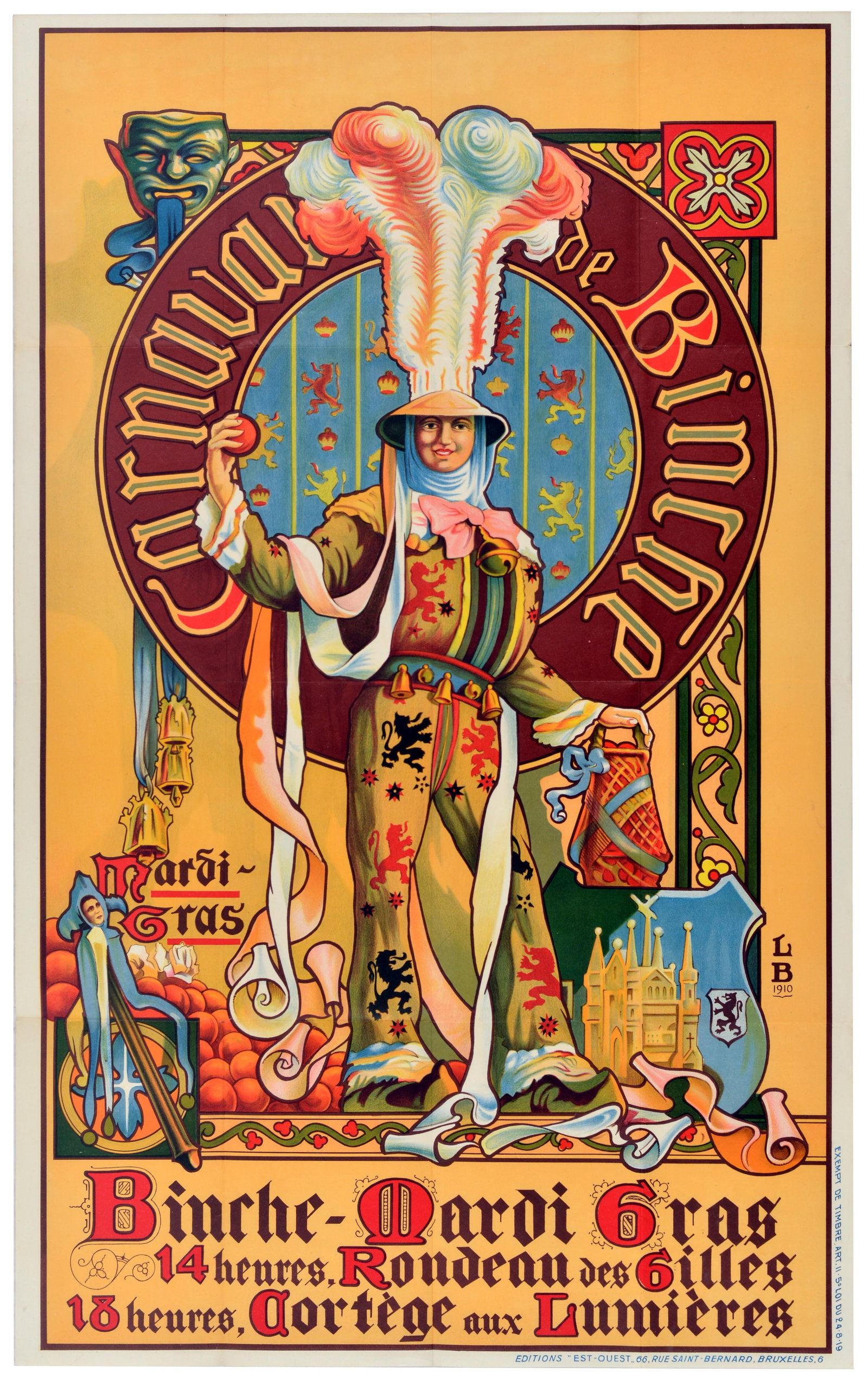 Travel Poster Carnaval de Binche Mardi Gras Belgium: Original antique poster for the Carnaval de Binche Mardi Gras created by the renowned Belgian artist Louis Buisseret (1888-1956). A masterpiece of late Art Nouveau design, the composition is centred o