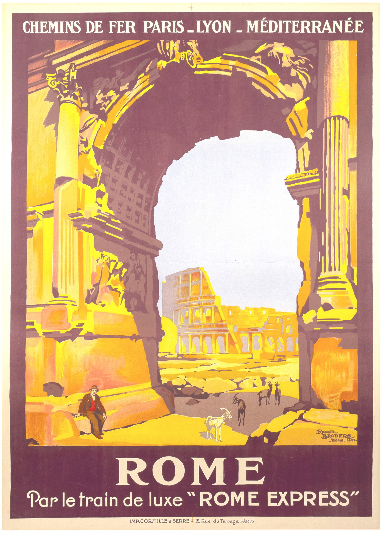 Travel Poster Rome Express Train PLM Railway Broders: Original antique travel poster - Rome by luxury train Rome Express / Rome par le train de luxe Rome Express - on the Paris-Lyon-Mediterranee PLM railway system. The poster features design by the notab