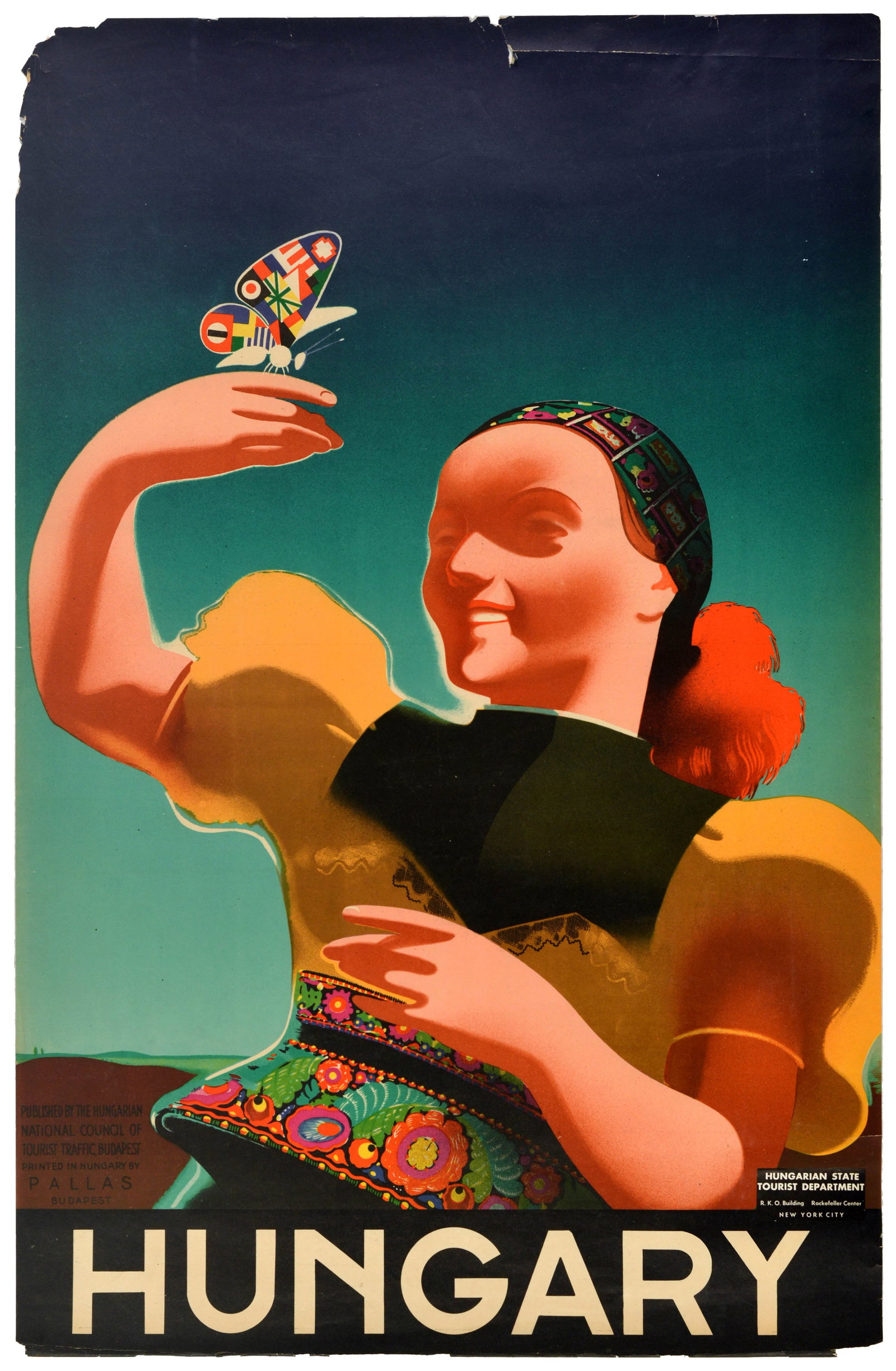 Travel Poster Hungary Hongrie Magyar Konecsni Kling: Original vintage travel poster for Hungary featuring a great Art Deco illustration depicting a smiling lady in a traditional costume holding a butterfly with colourful flags on its wings against the s