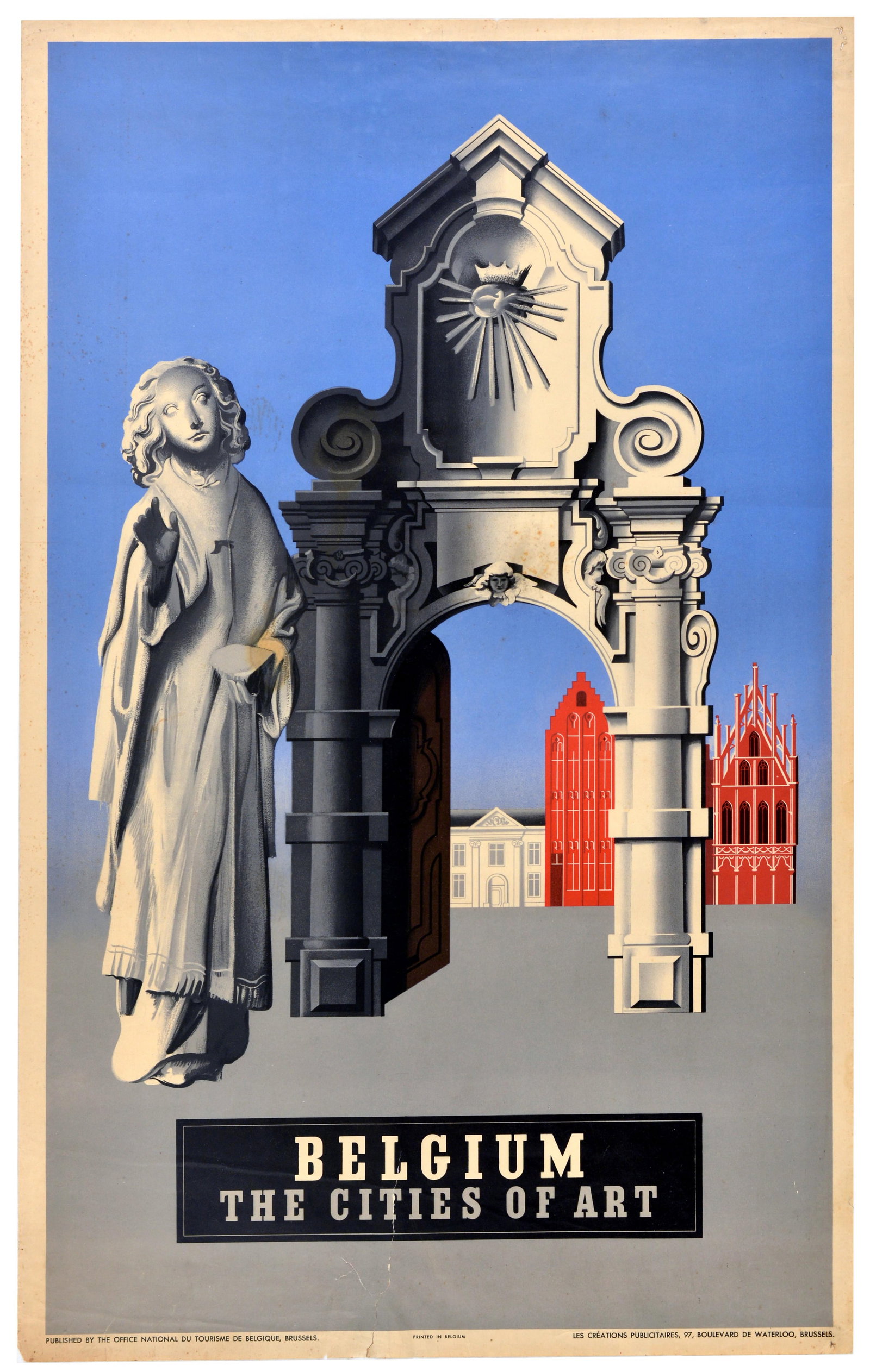 Travel Poster Belgium Cities Of Art Architecture: Original vintage travel poster promoting Belgium as a destination for art and culture with the slogan - Belgium The Cities of Art. A sophisticated Surrealist-influenced design featuring a montage of B