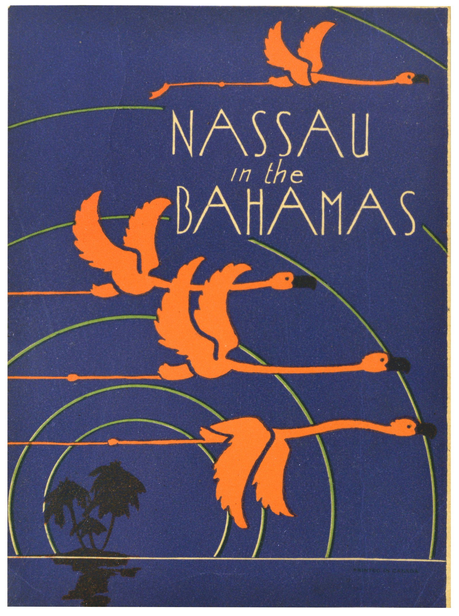 Travel Brochure Cover Art Deco Nassau Bahamas Flamingo Caribbean: Original vintage travel brochure cover advertising Nassau in the Bahamas as a premier tropical destination, featuring an Art Deco style illustration depicting four stylised bright orange flamingos cap