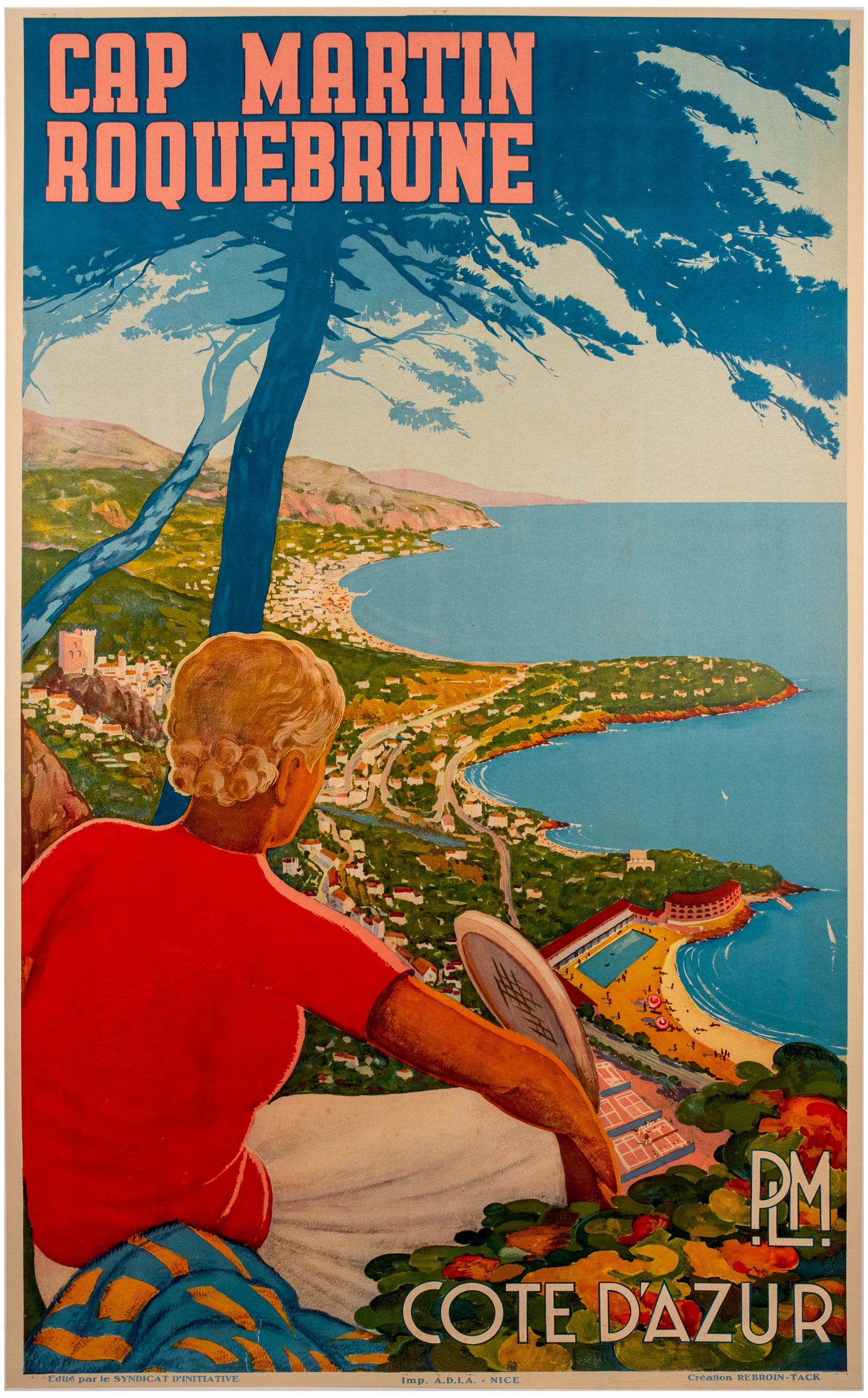 Travel Poster Cap Martin Roquebrune PLM French Riviera: Original vintage travel poster advertising Cap Martin Roquebrune on the French Riviera, issued by the Paris-Lyon-Mediterranee PLM railway company. The striking Art Deco graphic design captures a glamo