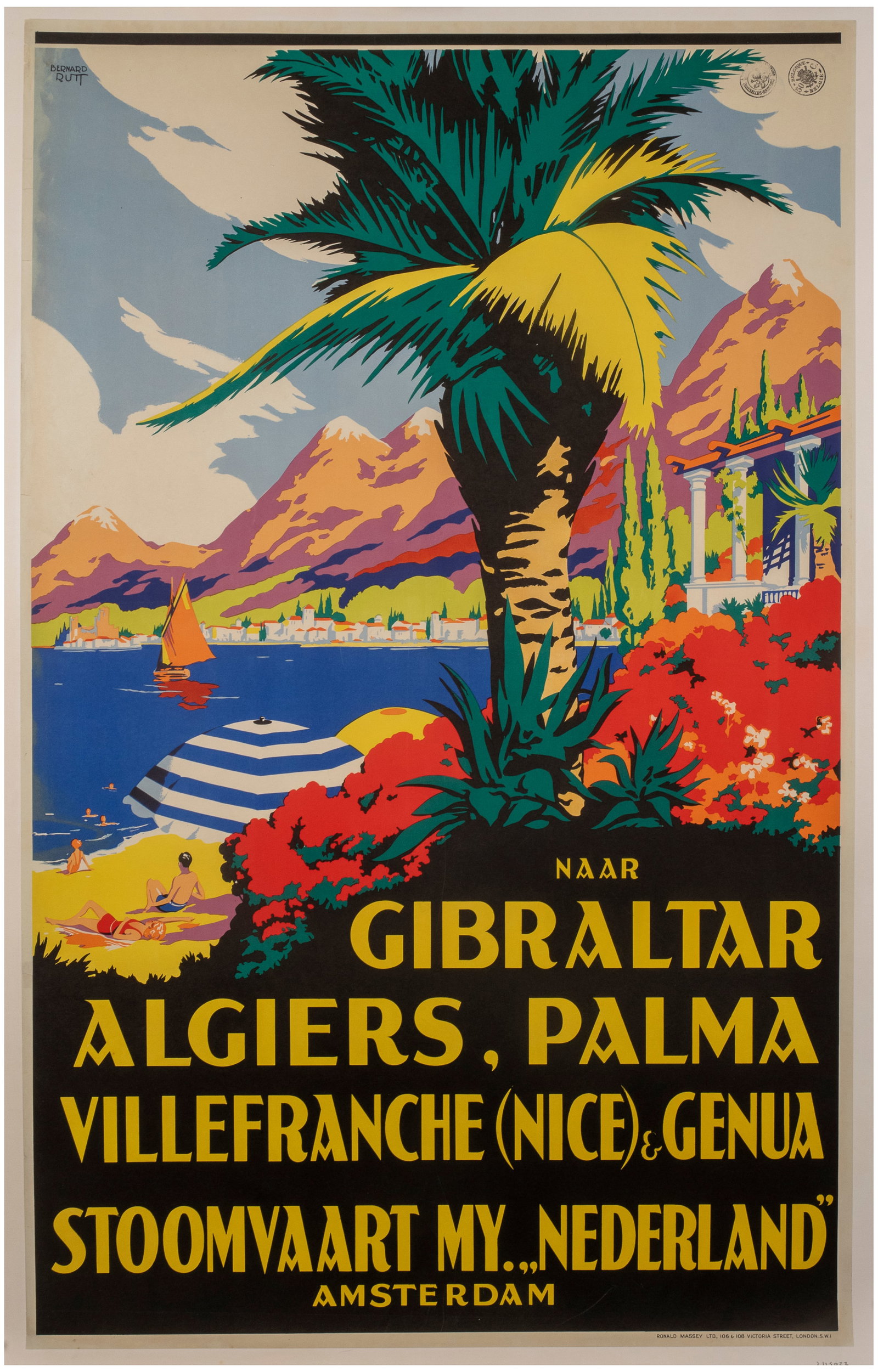 Travel Poster Gibraltar Algers Mallorca Netherland Line Mediterranean Cruises: Original vintage shipping travel poster promoting Mediterranean cruises operated by the Stoomvaart Maatschappij Nederland / Netherland Line, titled - Naar Gibraltar, Algiers, Palma, Villefranche (Nice