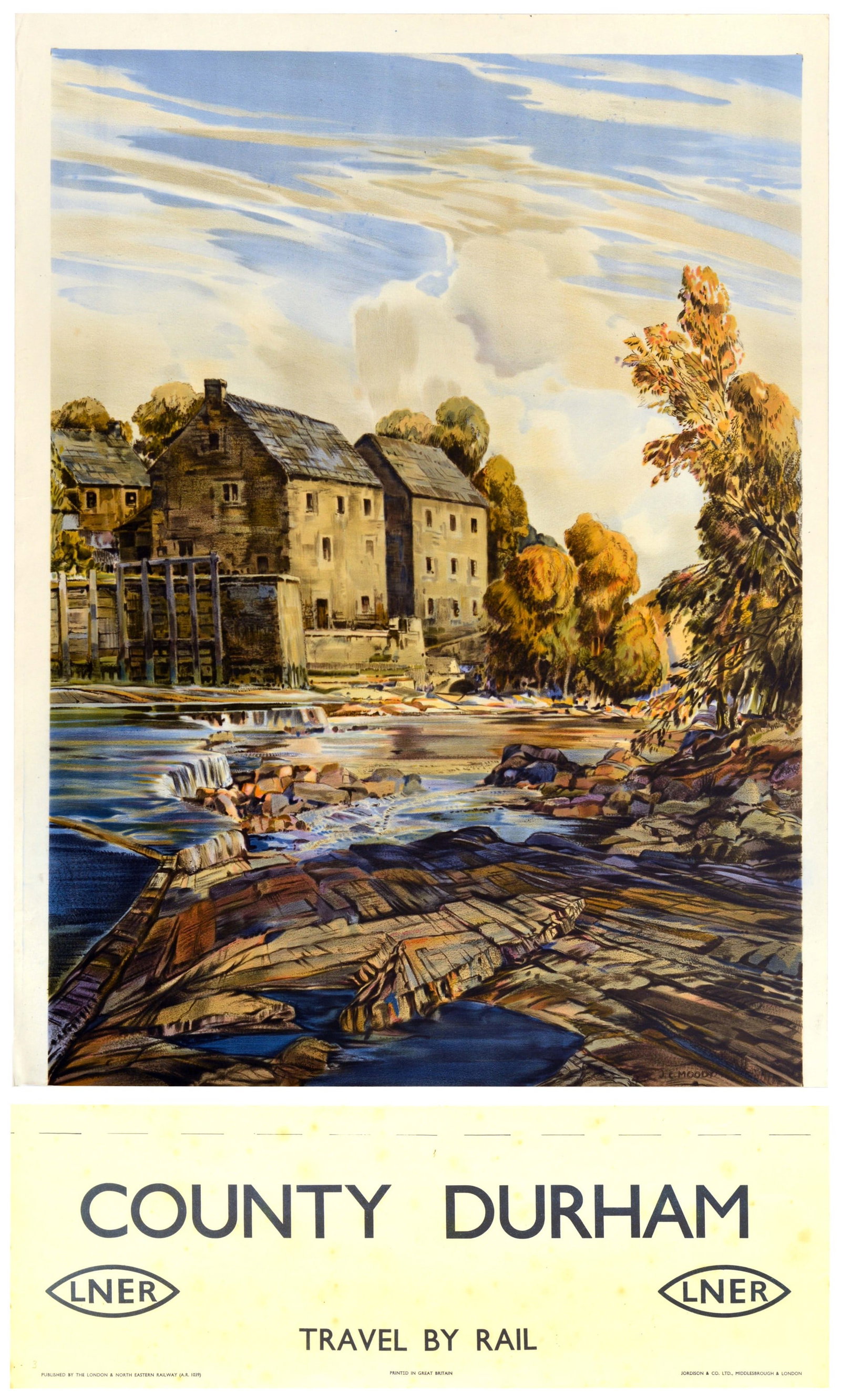 Travel Poster County Durham LNER Travel By Rail: Original vintage London and North Eastern Railway LNER travel poster promoting train journeys to Upper Teesdale in Durham, created by the esteemed British landscape painter and etcher John Charles Moo