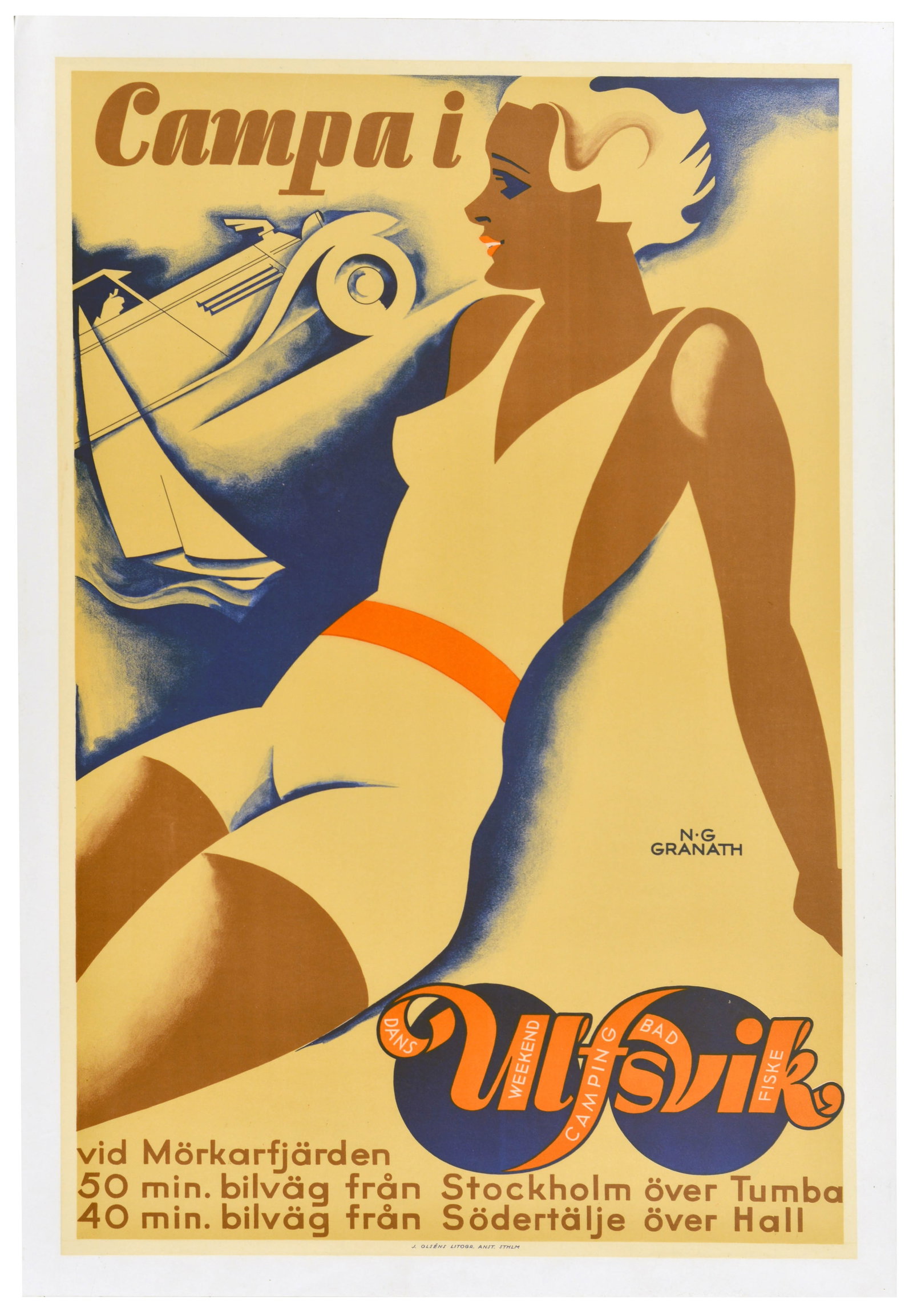 Travel Poster Ulvsvik Camping Sweden Baltic Sea Art Deco: Original vintage Swedish travel poster promoting Baltic Sea summer camping holidays in Ulvsik - Campa i Ulfsvik, designed by the prominent Swedish illustrator and graphic artist Nils Gustaf Granath (1