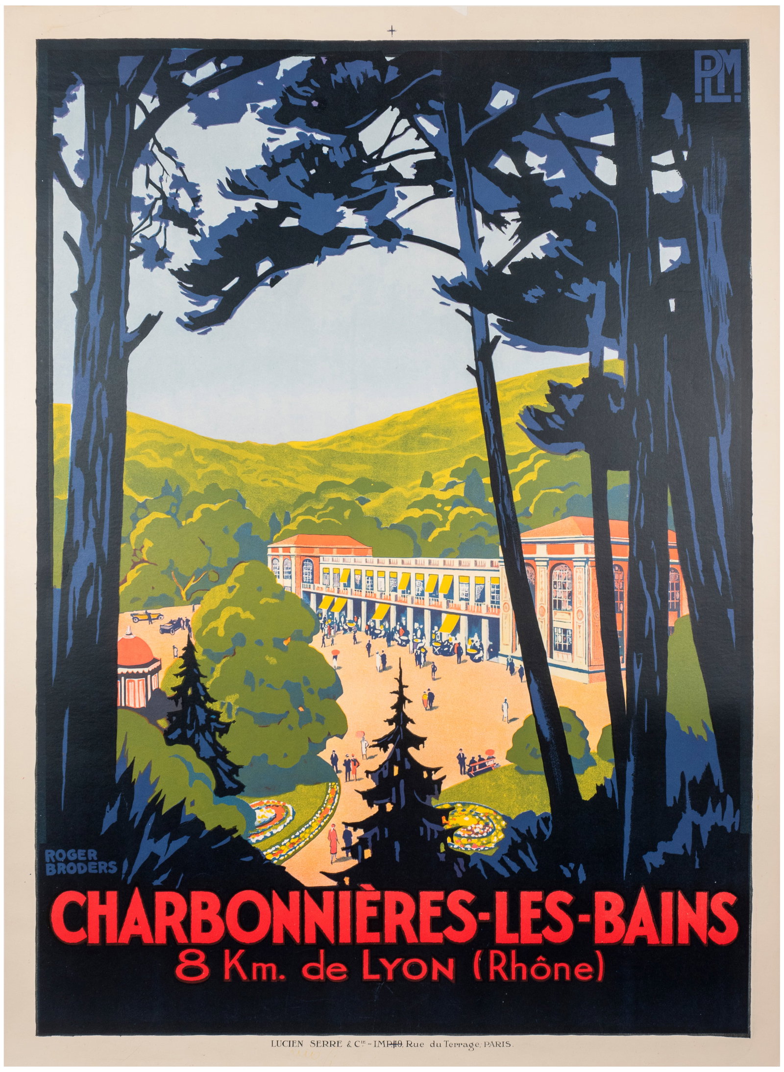 Travel Poster Charbonnieres Les Bains PLM Roger Broders: Original vintage travel poster for Charbonnieres-les-Bains, a historic spa town located 8 kilometres from Lyon in the Auvergne-Rhone-Alpes region of eastern France. The poster features striking Art De