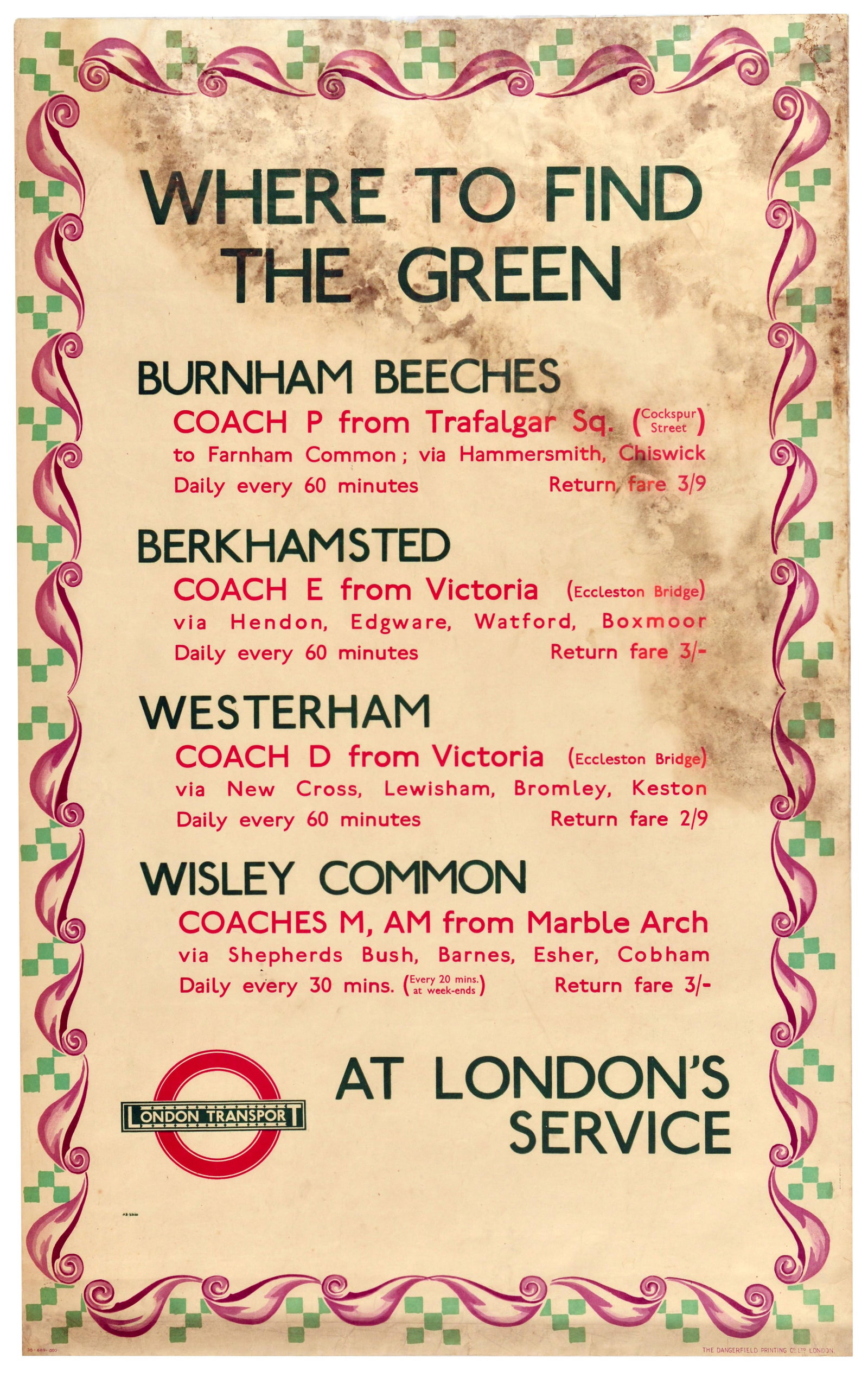 Travel Poster Art Deco London Transport Green Coach Services Underground: Original vintage travel advertising poster - Where to Find the Green - promoting excursions out of the city via London Transport coach services, with route stops, timetables, and return fares to four 