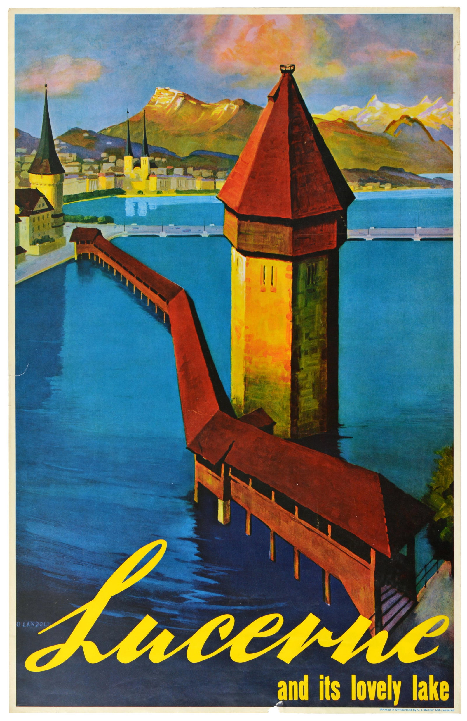 Travel Poster Lucerne Lake Chapel Bridge Switzerland: Original vintage travel poster promoting Lucerne and its lovely lake in Switzerland as a picturesque holiday destination. The painterly composition captures a scenic perspective of Lucerne's historic 