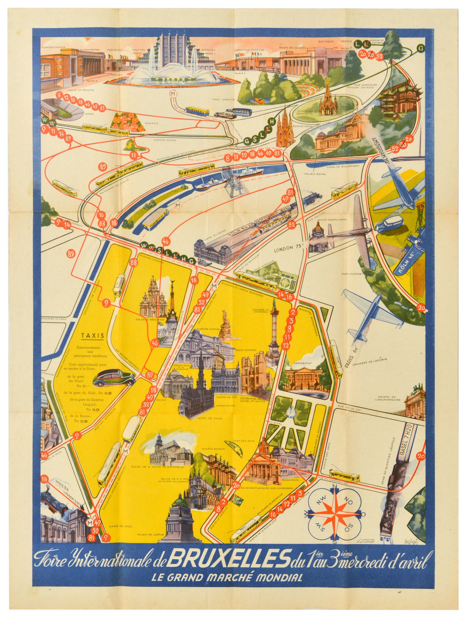 Travel Poster Brussels International Fair 1937 Illustrated Map Belgium: Original vintage commercial tourism and trade exhibition booklet poster for the 1937 Brussels International Fair / Foire Internationale de Bruxelles, featuring a stylised bird's-eye view tracking publ