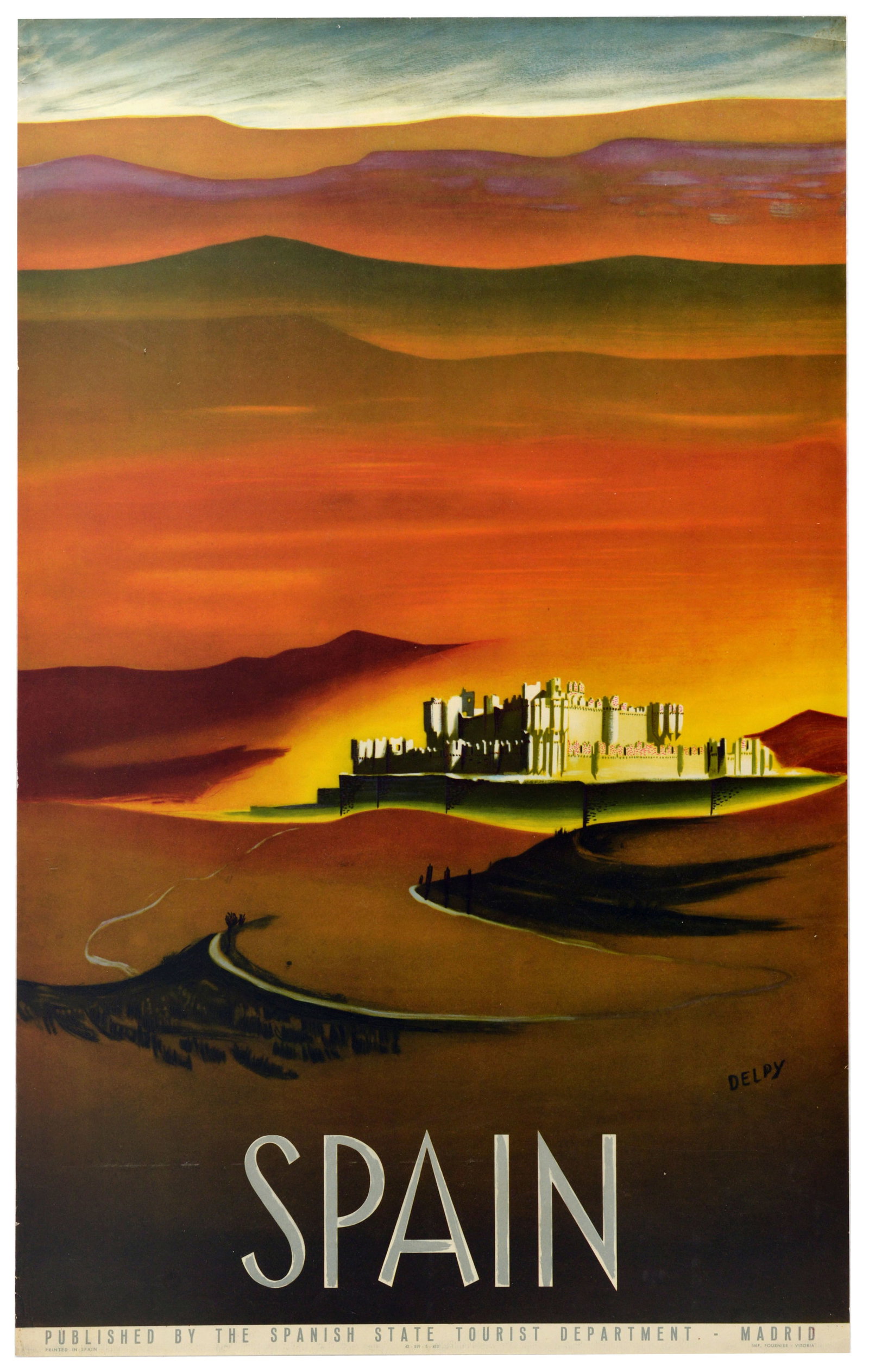 Travel Poster Spain Delpy Stone Fortress Desert: Original vintage travel poster for Spain, featuring striking artwork depicting a glowing, sun-drenched fortress, dramatically illuminated against a sweeping landscape, depicted in rich, layered earth 