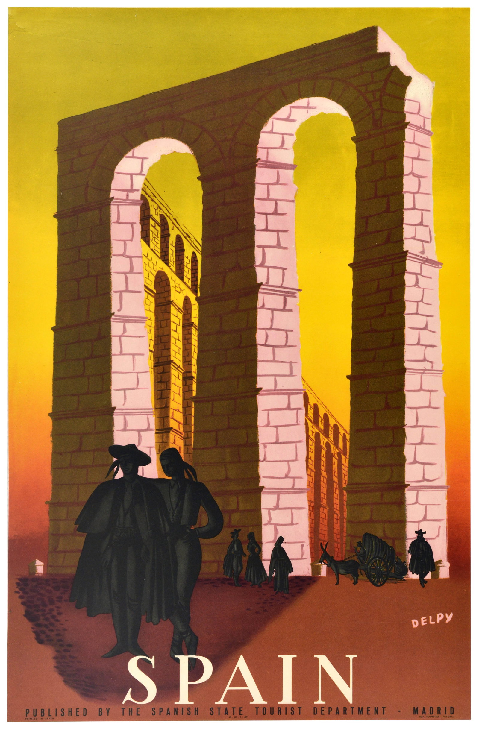 Travel Poster Spain Aqueduct Arches Espana Delpy: Original vintage mid-century travel advertising poster for Spain, featuring monumental stone arches of the ancient aqueduct, rendered in warm, sun-drenched ochre and terracotta hues that glow against 