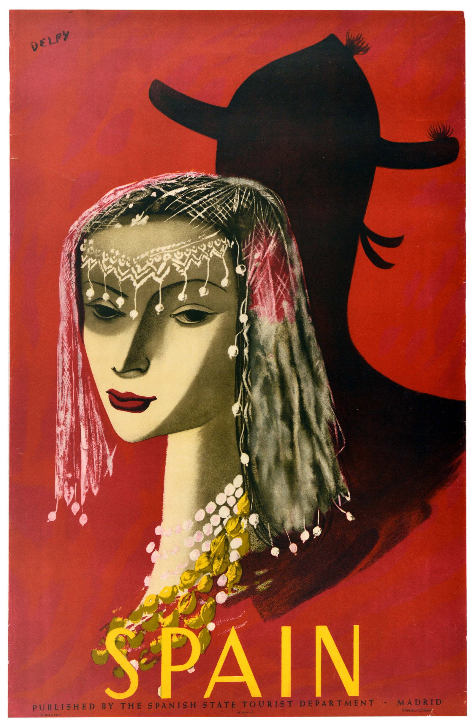 Travel Poster Spain Lady Mantilla Veil Bull Rider Delpy: Original vintage travel poster for Spain, featuring an image of a Spanish lady adorned in a delicate, white lace mantilla veil across her hair, a multi-layered white pearl and bright yellow coin neckl