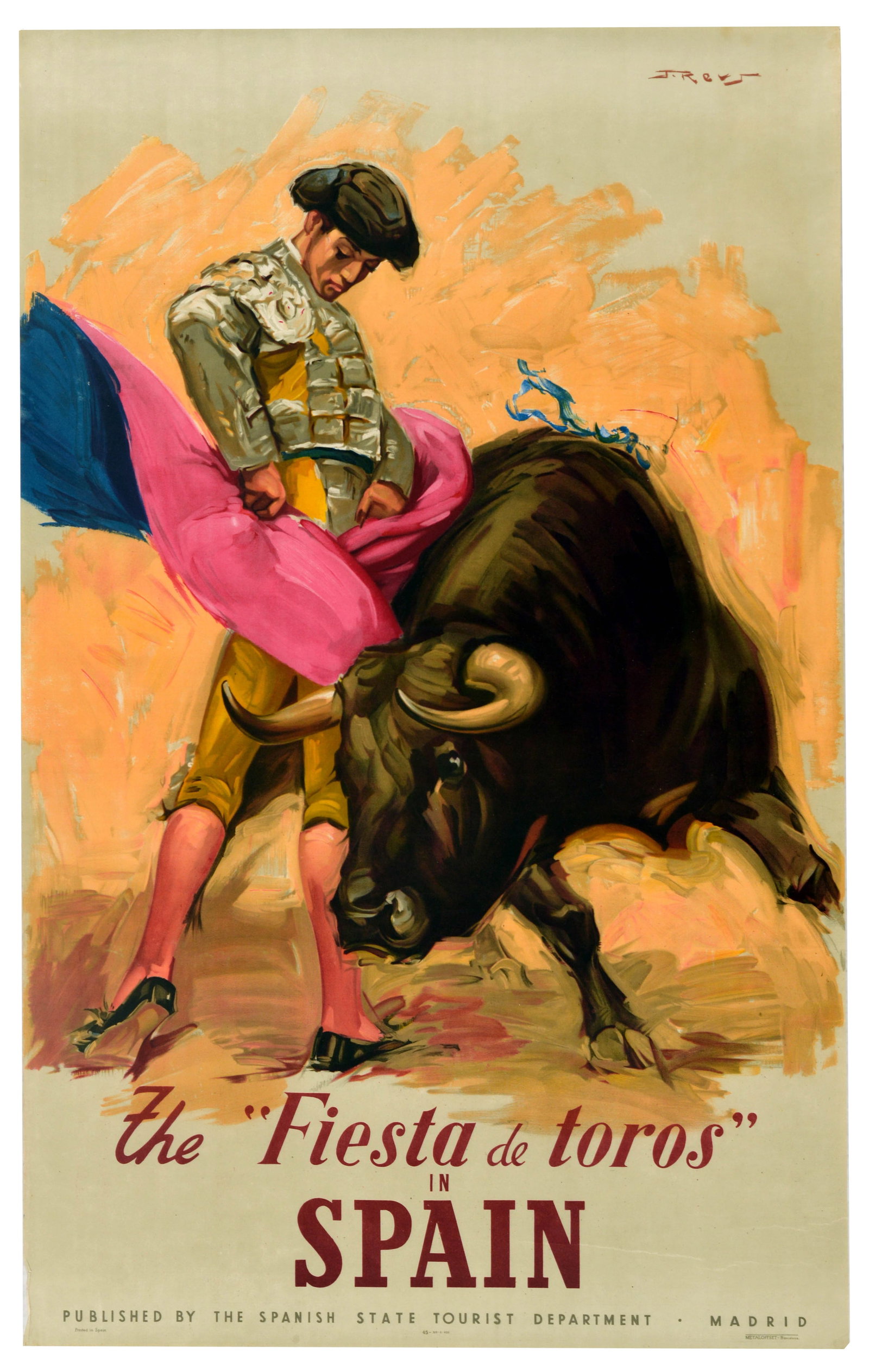 Travel Poster Spain Fiesta De Toros J Reus Bullfighting: Original vintage travel poster - The Fiesta de Toros in Spain / The bullfighting festival in Spain - featuring a colourful image of a bullfight with the torero / bullfighter wearing a traditional gold