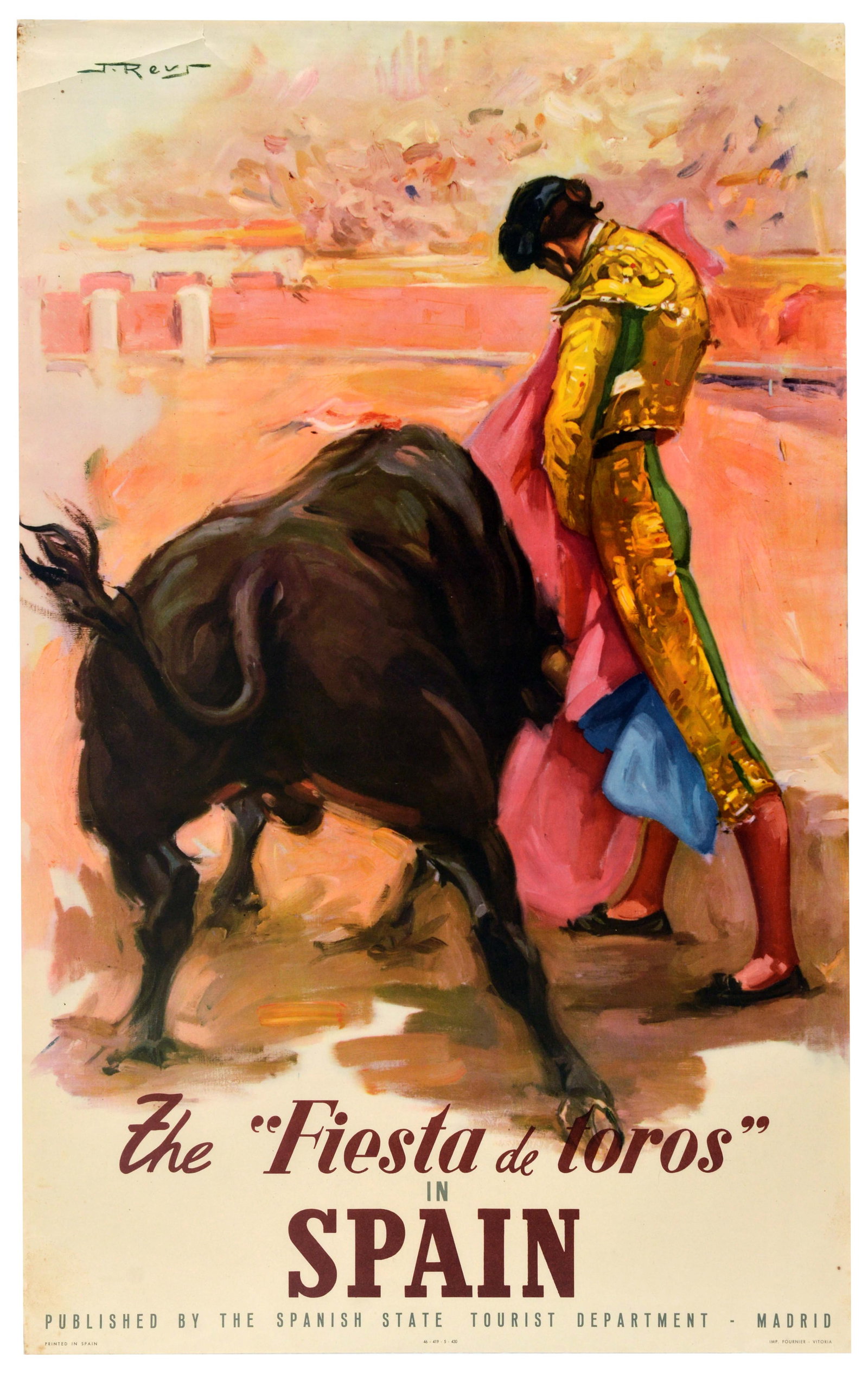 Travel Poster Spain Fiesta De Toros Espagna J Reus: Original vintage travel poster - The Fiesta de Toros in Spain / The bullfighting festival in Spain - featuring a colourful image of a bullfight with the torero / bullfighter wearing a traditional gold