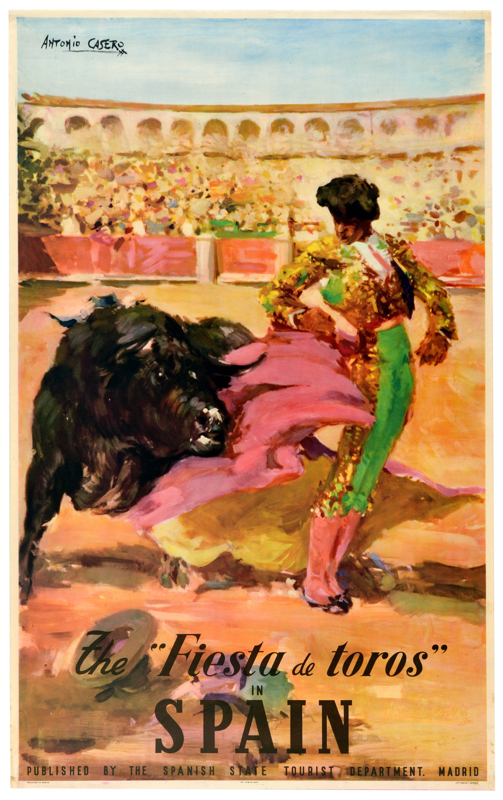 Travel Poster Spain Fiesta De Toros Bullfighting Casero: Original vintage travel poster - The Fiesta de Toros in Spain / The bullfighting festival in Spain - featuring a colourful image of a bullfight with the torero / bullfighter wearing a traditional gold