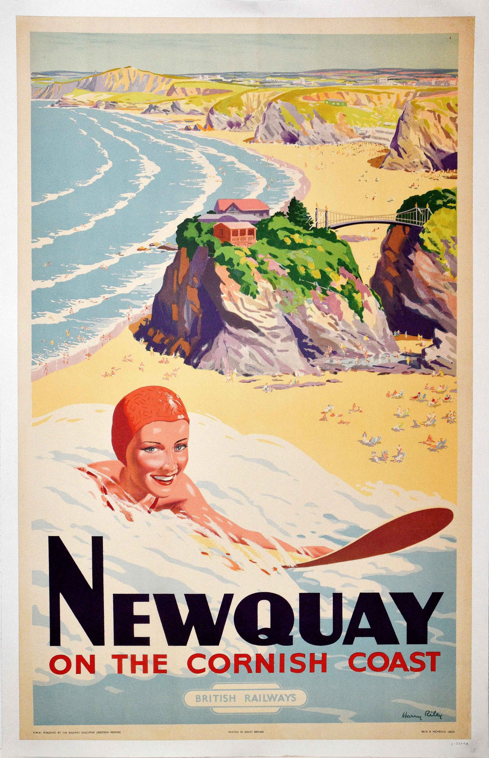 Travel Poster Newquay Cornish Coast Cornwall British Railways: Original vintage British Railways travel advertising poster for Newquay on the Cornish Coast featuring an image of a smiling lady surfer wearing a red swimming cap riding a wave in the foreground with