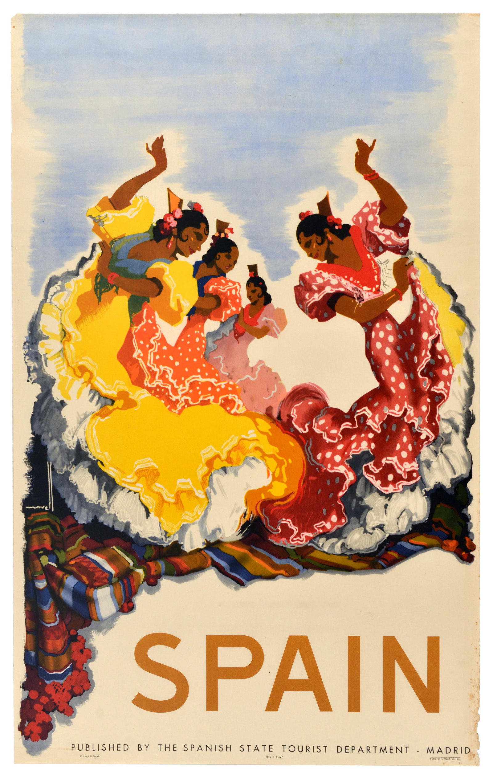Travel Poster Spain Flamenco Dancers Jose Morell: Original vintage travel poster for Spain, designed by the renowned artist Jose Morell (1899-1949), the artwork captures the festive spirit of traditional Spanish culture with a dynamic illustration of