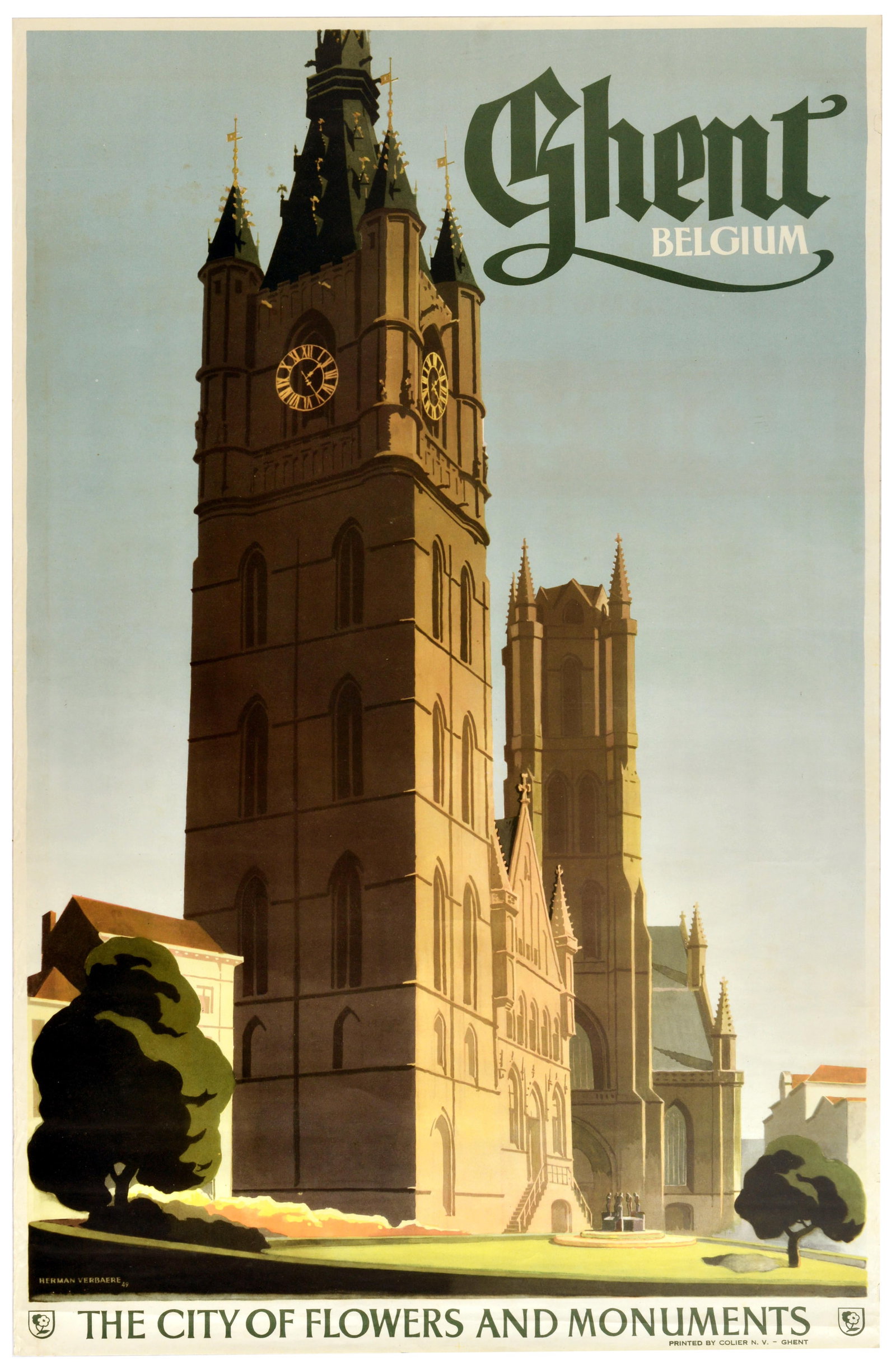 Travel Poster Ghent Belgium City Of Flowers And Monuments: Original vintage travel poster - Ghent Belgium The City of Flowers and Monuments, designed by the Belgian artist Herman Verbaere (1906-1993), depicting the medieval stone masonry of the Belfry of Ghen