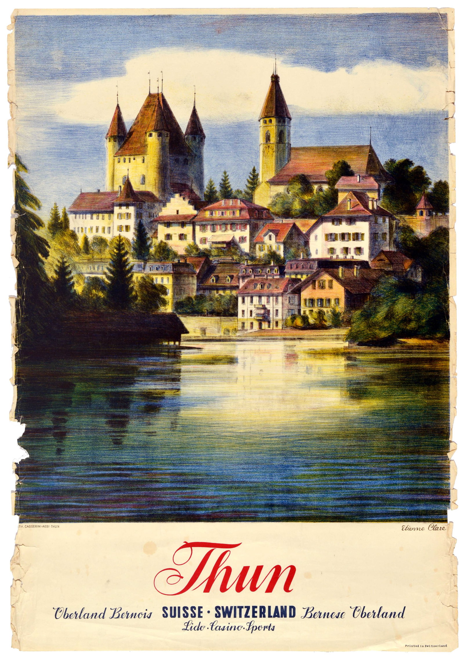 Travel Poster Thun Switzerland Bernese Oberland: Original vintage travel poster promoting the lakeside town of Thun, located in the heart of the Bernese Oberland. Designed by the notable French-Swiss artist Etienne Clare (1901-1975), the artwork fea