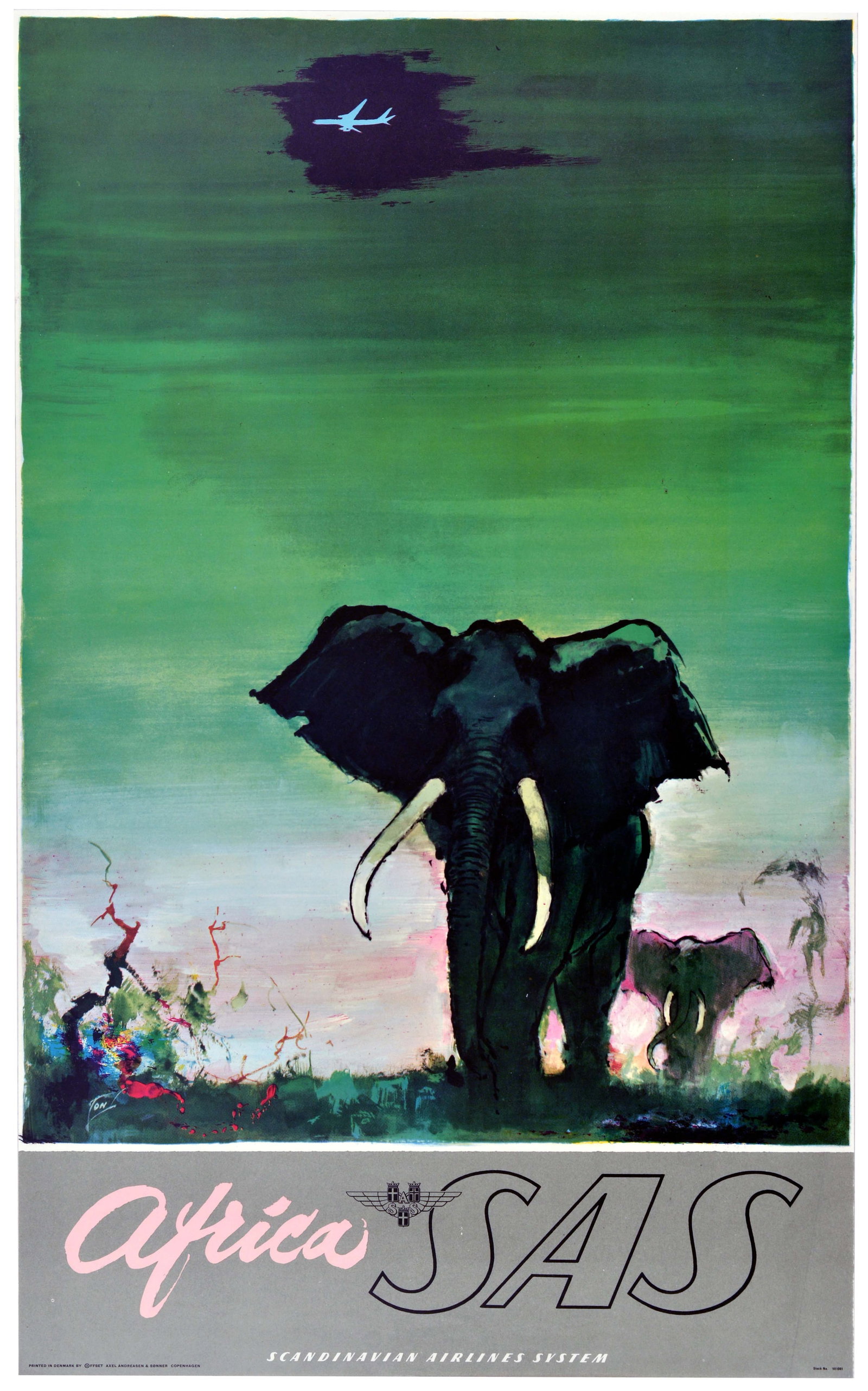 Travel Poster Africa SAS Airline Otto Nielsen Elephants: Original vintage travel poster - Africa by SAS Scandinavian Airlines System - featuring stunning artwork by the notable Danish artist Otto Nielsen (1916-2000) of elephants walking in the Savannah towa