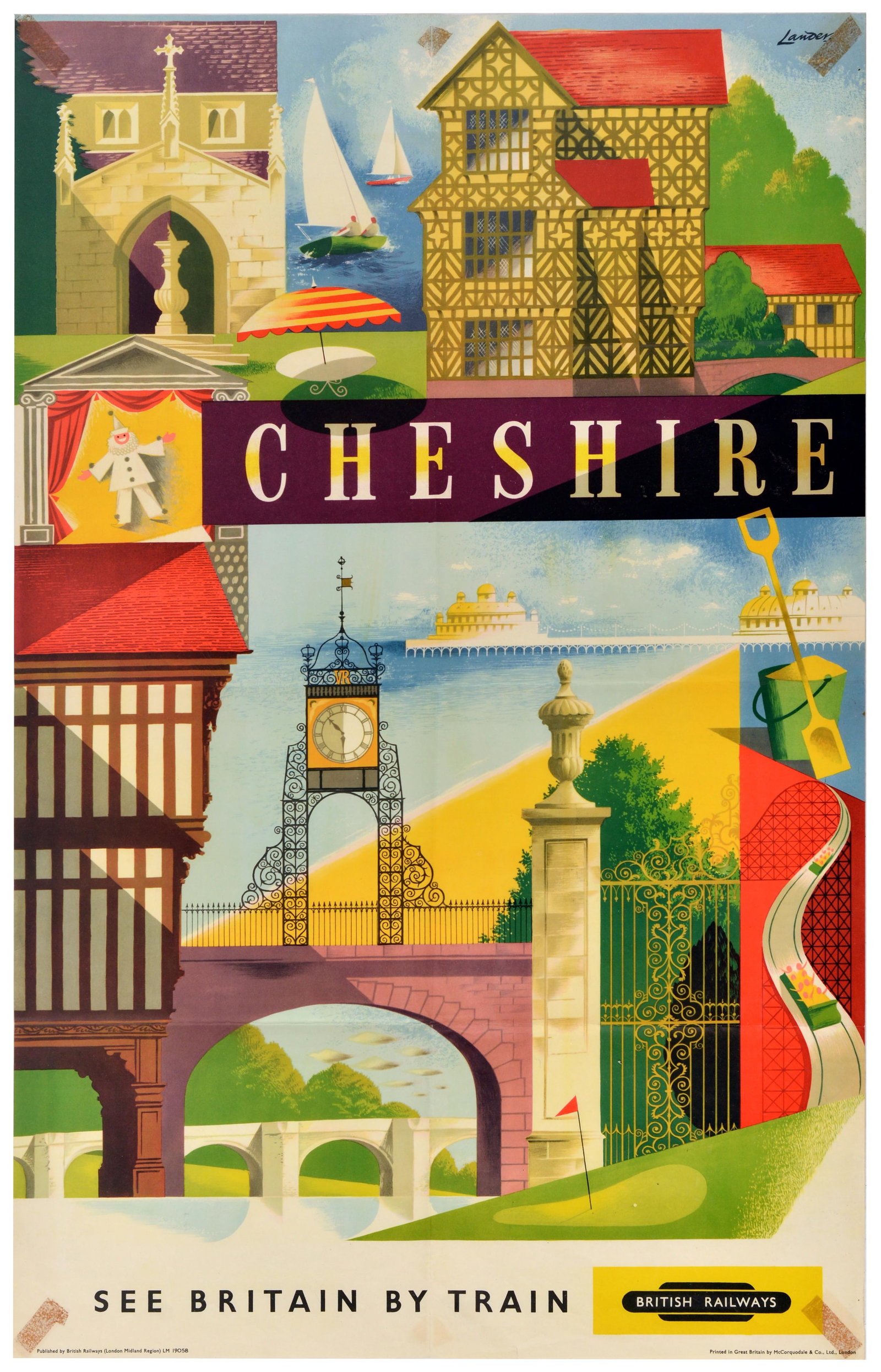 Travel Poster Cheshire British Railways Lander See Britain By Train: Original vintage travel poster for Cheshire published by British Railways London Midland Region as part of the iconic See Britain by Train campaign. The vibrant, mid-century artwork by the prolific Br