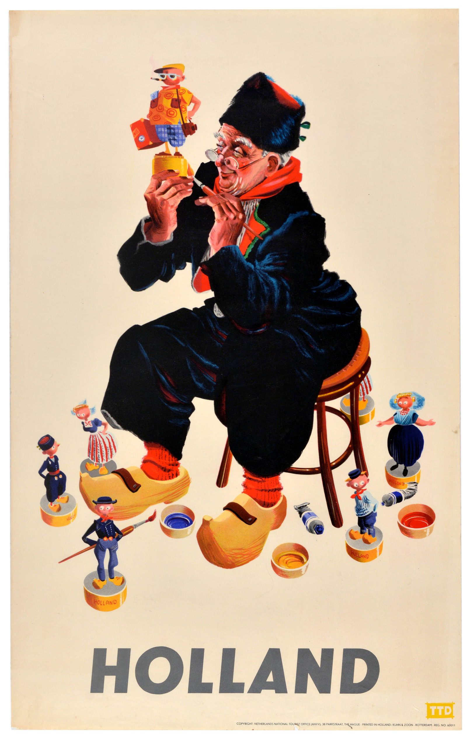 Travel Poster Holland Dutch Toy Maker Netherlands: Original vintage Dutch travel advertising poster titled Holland, featuring a charming and whimsical mid-century illustration of a kindly, elderly toymaker wearing traditional Dutch attire complete wit