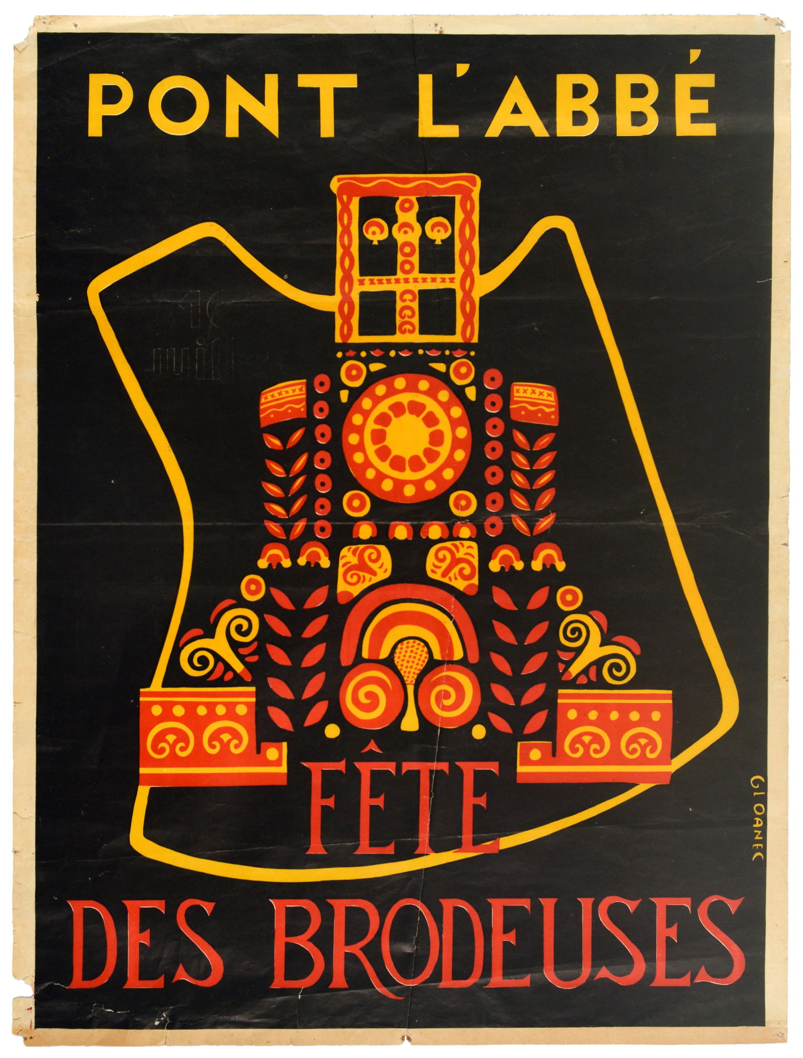 Travel Poster Fete des Brodeuses Pont LAbbe Brittany France: Original vintage French regional travel poster promoting the annual folk festival Fete des Brodeuses / Festival of the Embroiderer in the Breton town of Pont l'Abbe. The poster features a stylised gra