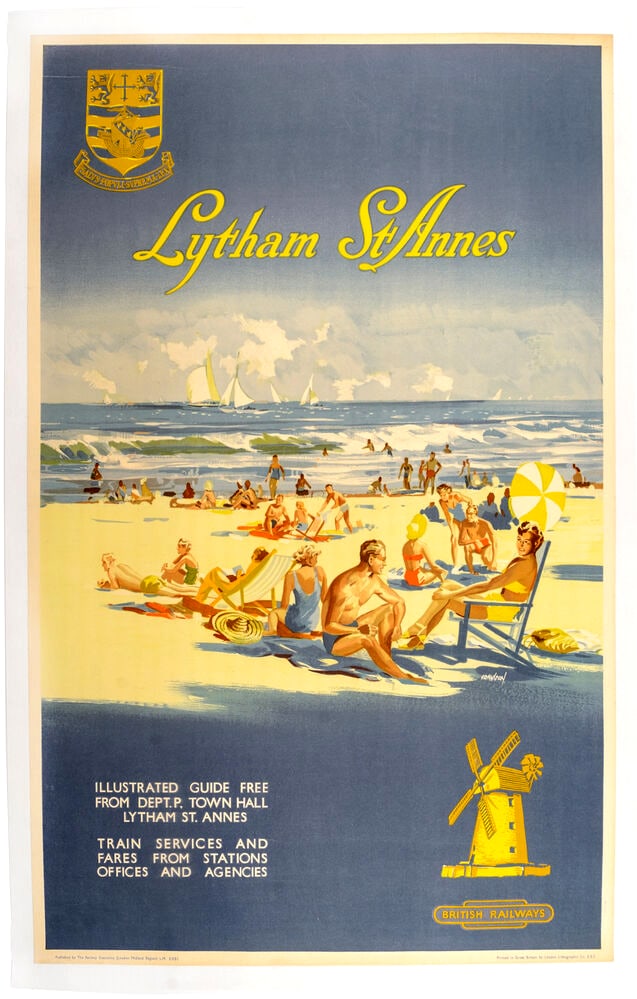 Travel Poster Lytham St Annes Lancashire British Railways: Original vintage British Railways travel poster promoting the Lancashire coastal resort town of Lytham St Annes, featuring a lively, sun-drenched beach scene filled with holidaymakers relaxing on deck
