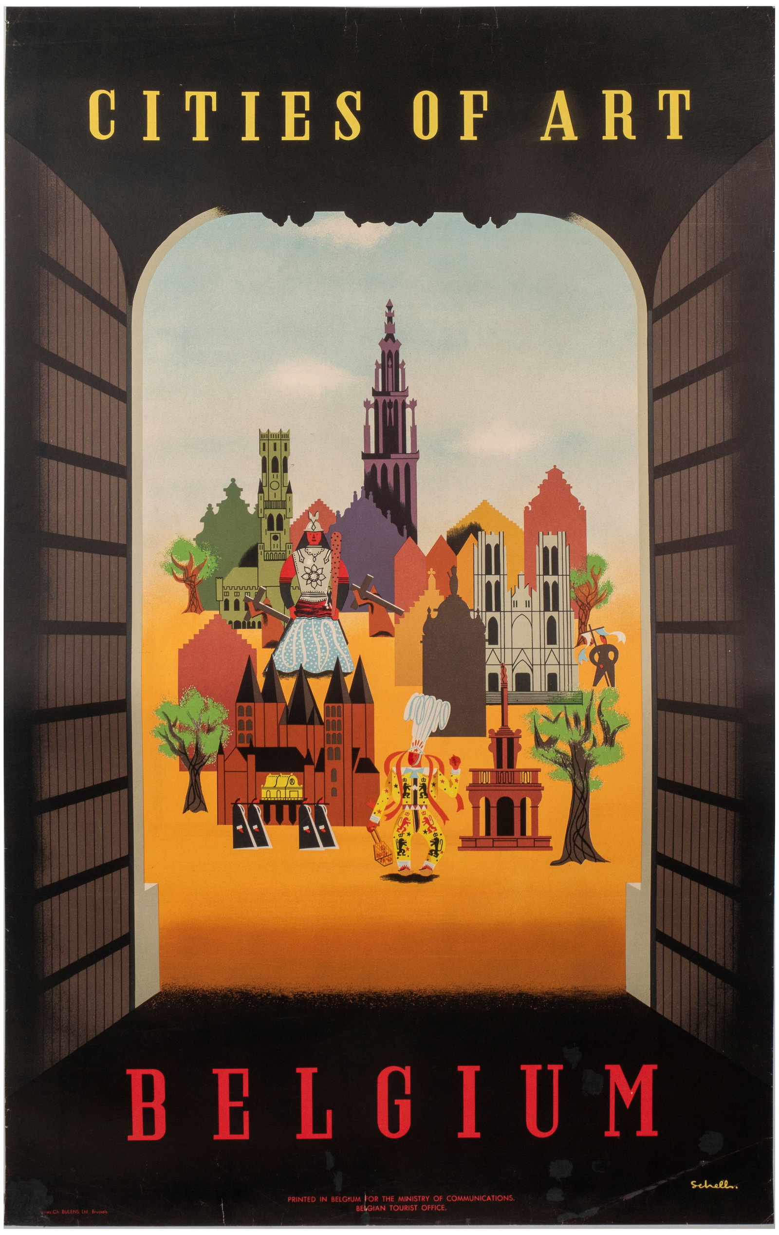 Travel Poster Belgium Cities Of Art Architecture Culture Schell: Original vintage travel poster promoting Belgium as a premier cultural destination, titled Cities of Art, featuring a colourful collage of iconic historical Belgian landmarks and local folklore elemen