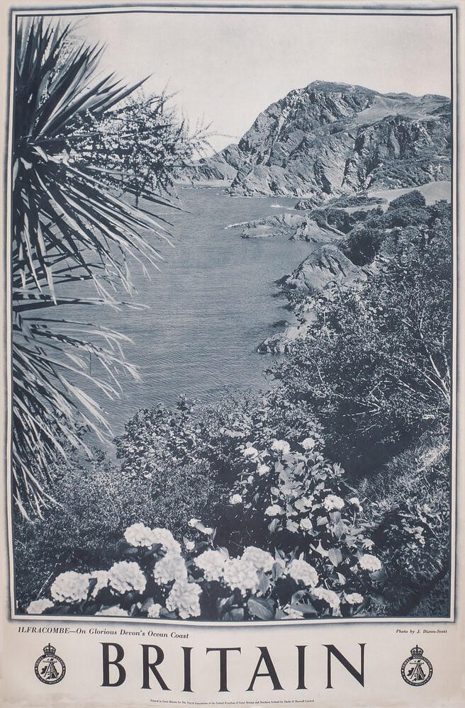 Travel Poster Ilfracombe Devon Ocean Coast Britain: Original vintage British travel poster promoting the seaside resort of Ilfracombe - On Glorious Devon's Ocean Coast, featuring a photograph by celebrated British photographer J. Dixon-Scott (1881-1939