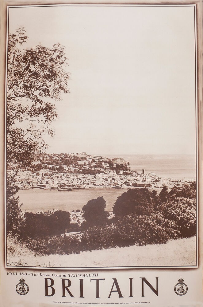Travel Poster Devon Coast Teignmouth England Britain: Original vintage British travel poster - England - The Devon Coast at Teignmouth - featuring a panoramic view of the historic town and its bustling estuary, nestled beneath rolling green hillsides tha