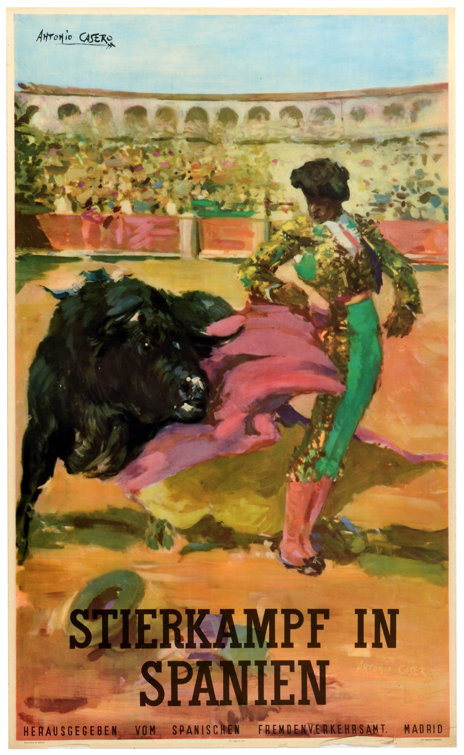 Travel Poster Bullfighting Spain Corrida Toreador Antonio Casero: Original vintage Spanish tourism poster - Stierkampf in Spanien / Bullfighting in Spain - featuring artwork by the renowned Spanish painter and illustrator Antonio Casero (1897-1973), capturing a tens