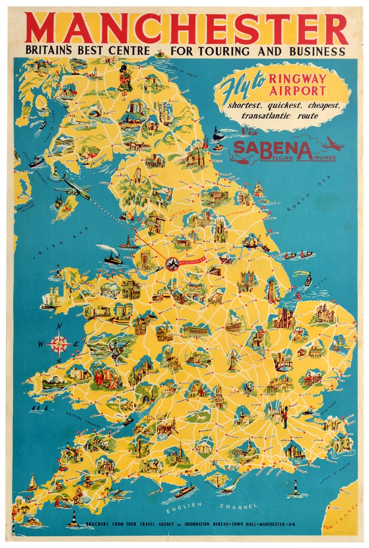 Travel Poster Manchester Touring Business Centre Sabena Map: Original vintage travel advertising poster promoting Manchester as Britain's Best Centre for Touring and Business featuring a detailed, colourful pictorial map of Great Britain highlighting the countr