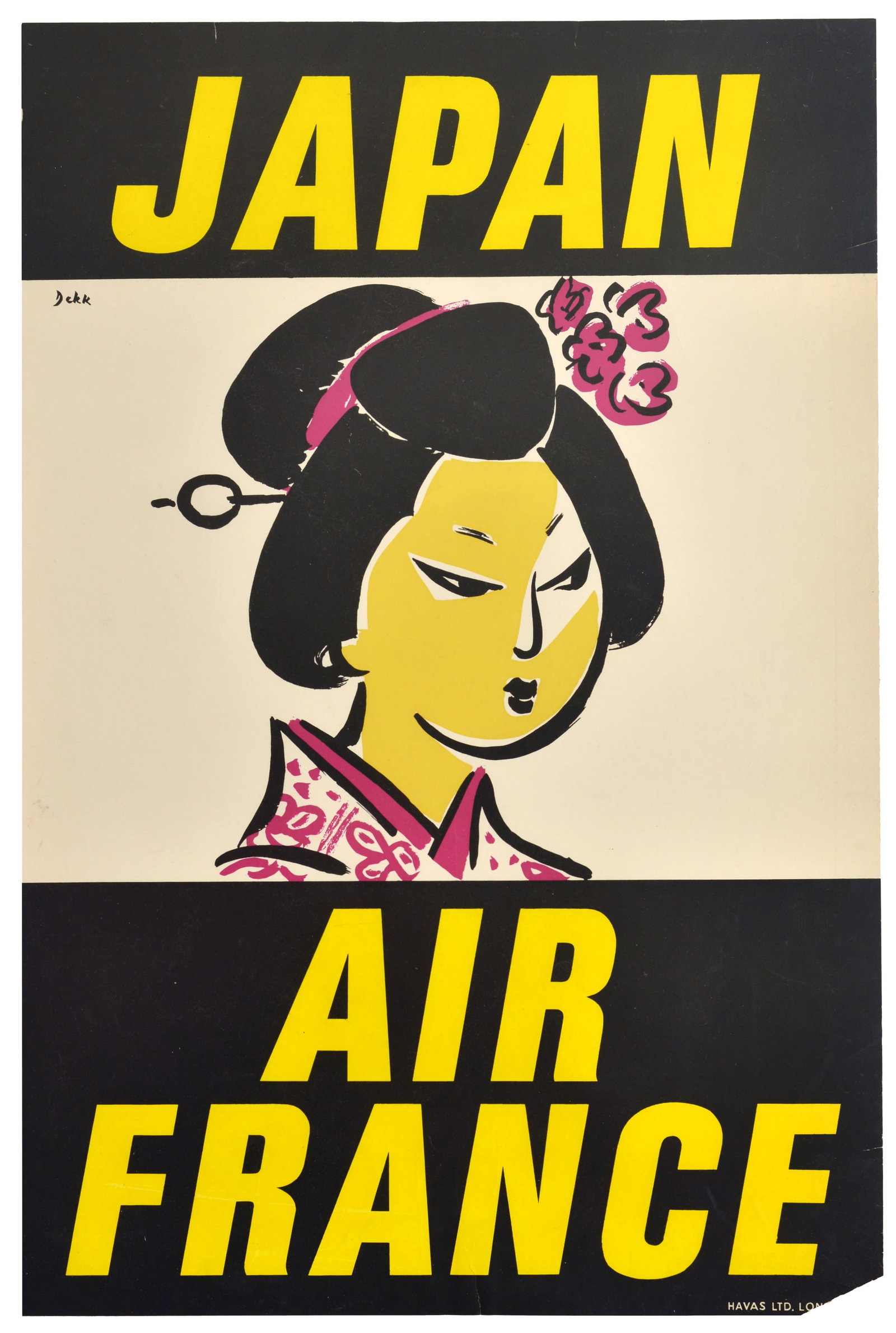 Travel Poster Japan Air France Dorrit Dekk Geisha Asia: Original vintage mid-century Asia travel poster for Air France Japan featuring a great design by the notable commercial illustrator and graphic artist Dorrit Dekk (1917-2014), depicting a stylised por