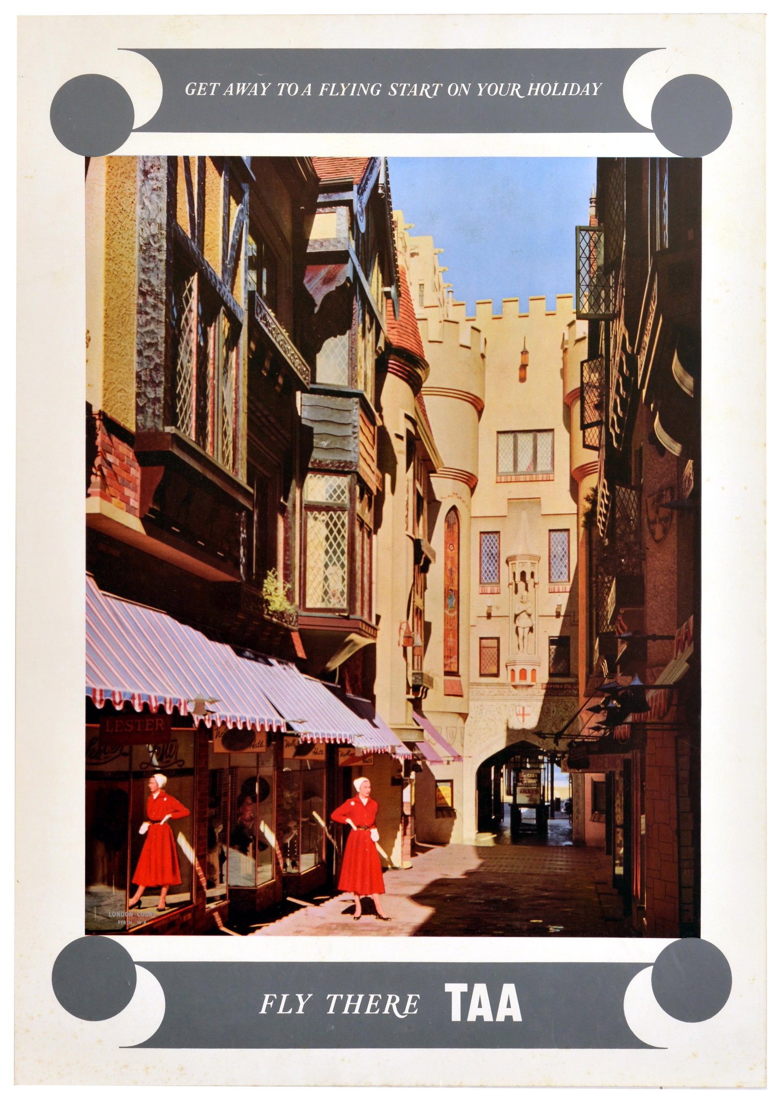 Travel Poster TAA Trans Australia Airlines London Court Perth: Original vintage travel advertising poster published by Trans-Australia Airlines - Get Away to a Flying Start on Your Holiday Fly There TAA - featuring a sun-drenched photographic view looking down Lo