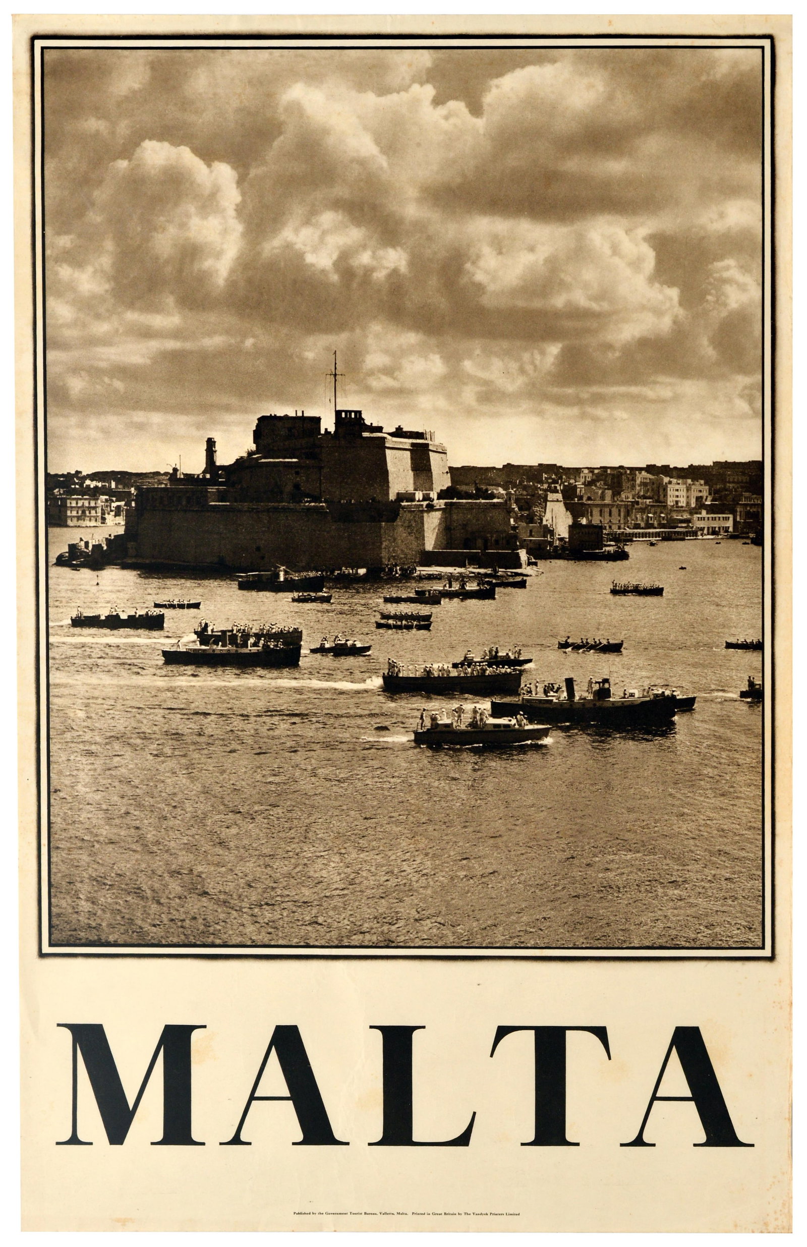 Travel Poster Malta Grand Harbour Valetta Fort St. Angelo: Original vintage Mediterranean travel poster for Malta featuring a photographic view overlooking the historic Grand Harbour, dozens of busy maritime vessels and traditional dghajsa wooden boat water t