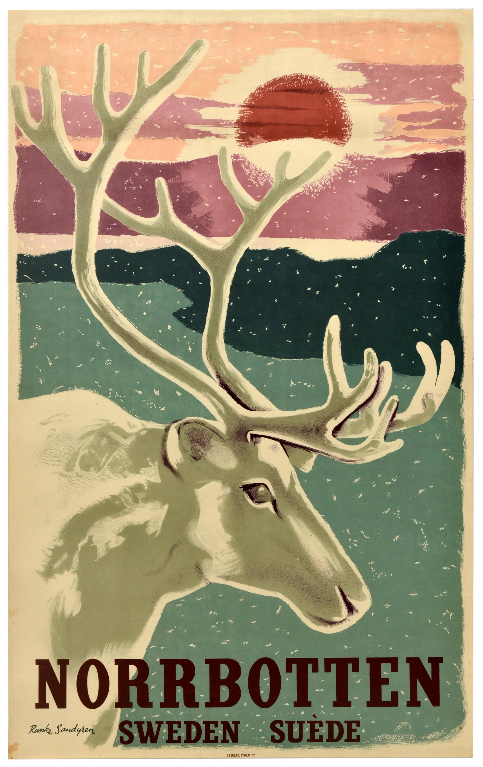 Travel Poster Norbotten Sweden Arctic Nature Reindeer Ranke Sandgren: Original Arctic travel poster for Norrbotten promoting tourism to the northernmost province of Sweden / Suede. The poster designed by Ragnar "Ranke" Sandgren (1916-2000) features a profile view of a r